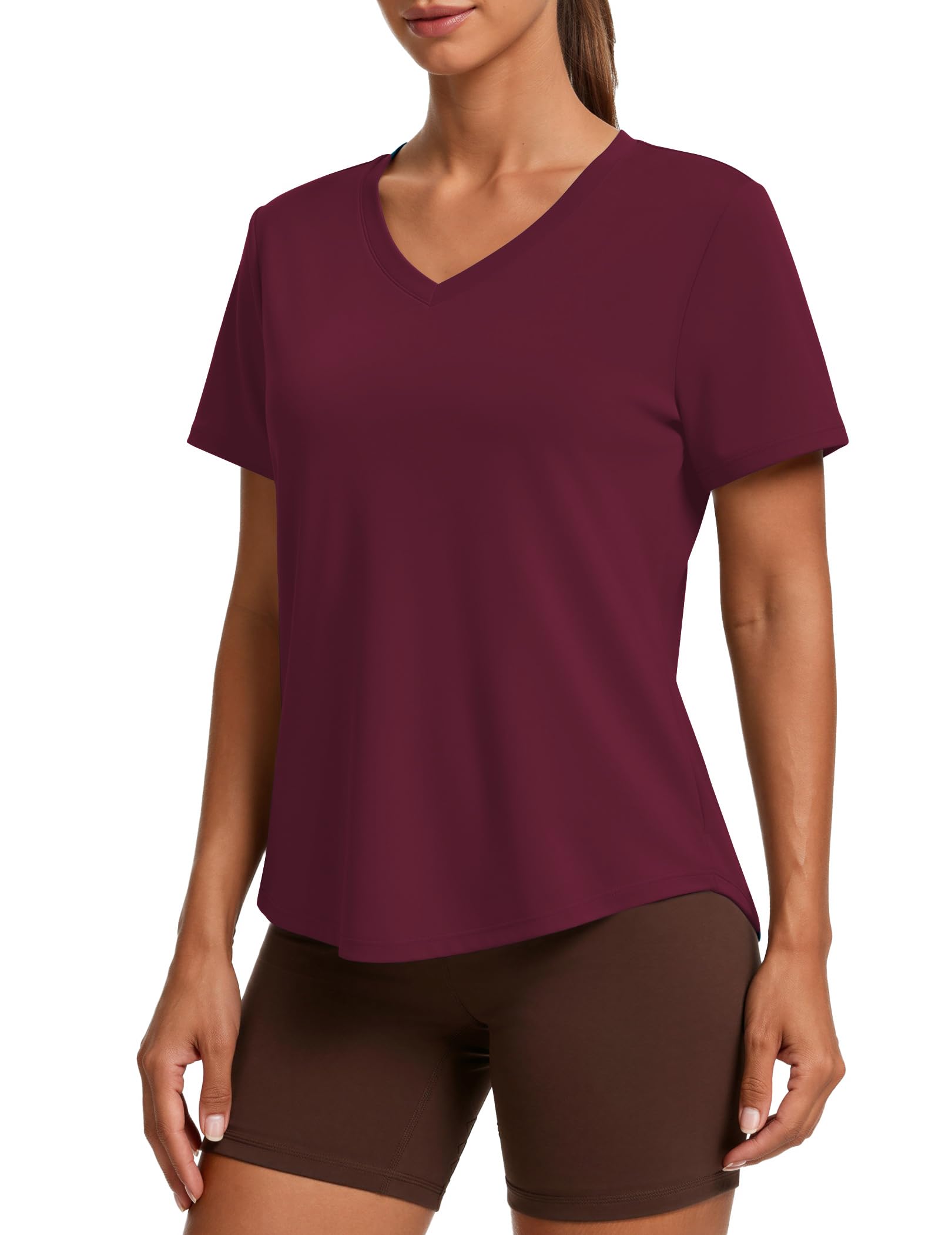 PINSPARK Soft Workout Tops for Women Short Sleeve V Neck Moisture Wicking UPF 50+ Sun Protection Quick Dry Gym Shirts