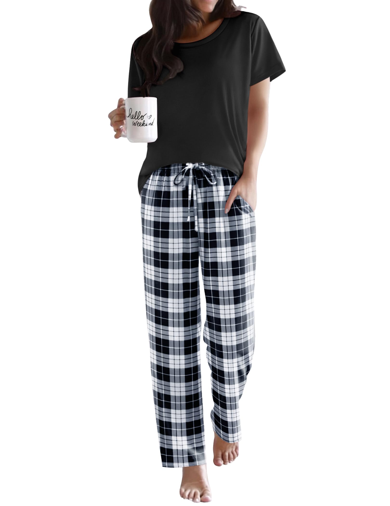 Ekouaer Womens Pajamas Sets Round Neck Pjs Loose Lounge Sets Sleepwear