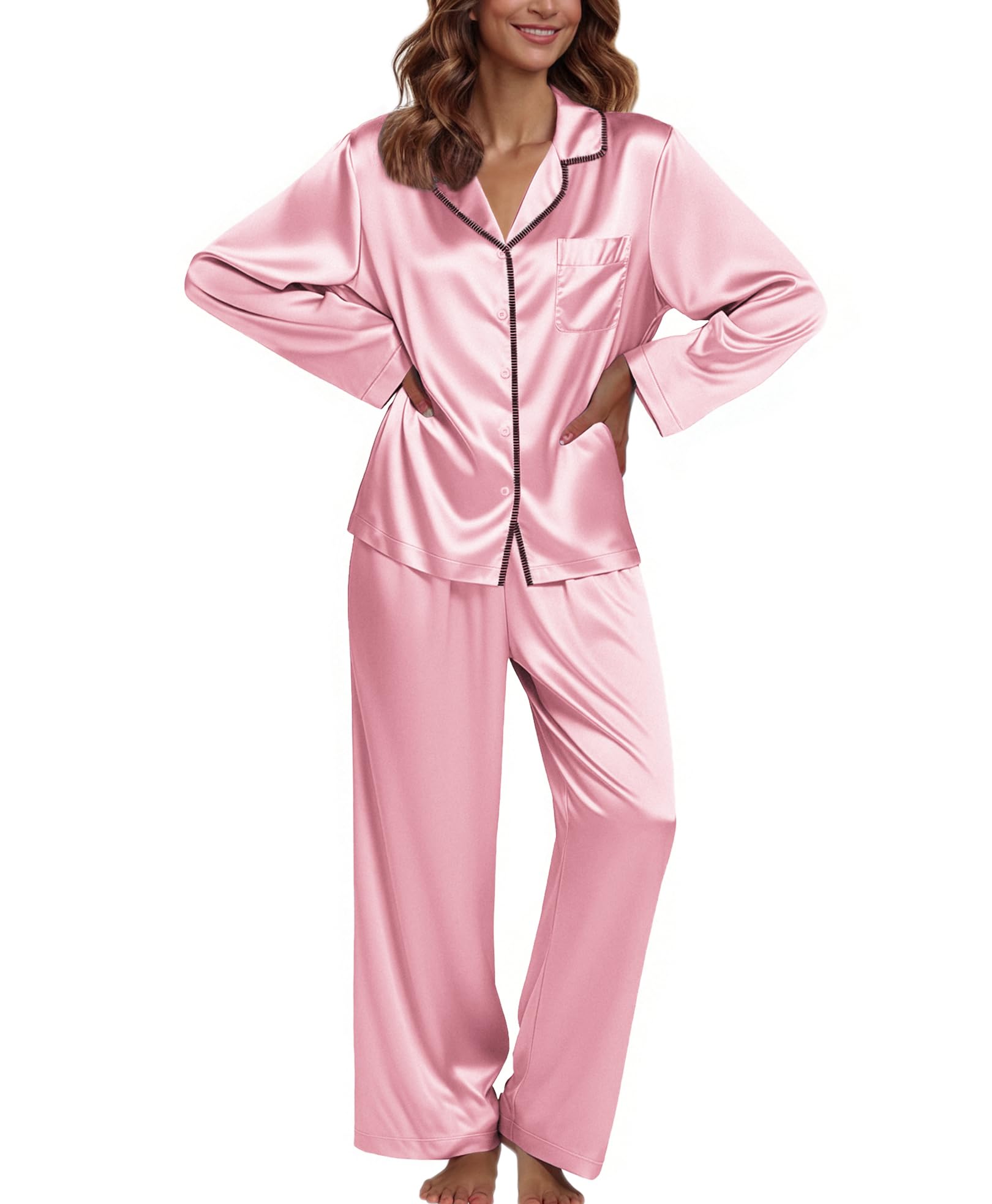 Ekouaer Pajamas For Women Silk Pjs Long Sleeve Button Down Lounge Sets
