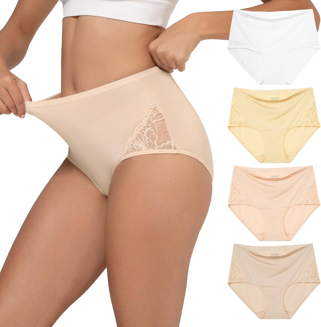 INNERSY Women's Lace Underwear Full Coverage Briefs 4 Pack | High Waisted Panties, Lightweight Stretch Nylon Blend, Quick-dry, Silky-Smooth, Breathable, Soft Cotton Crotch