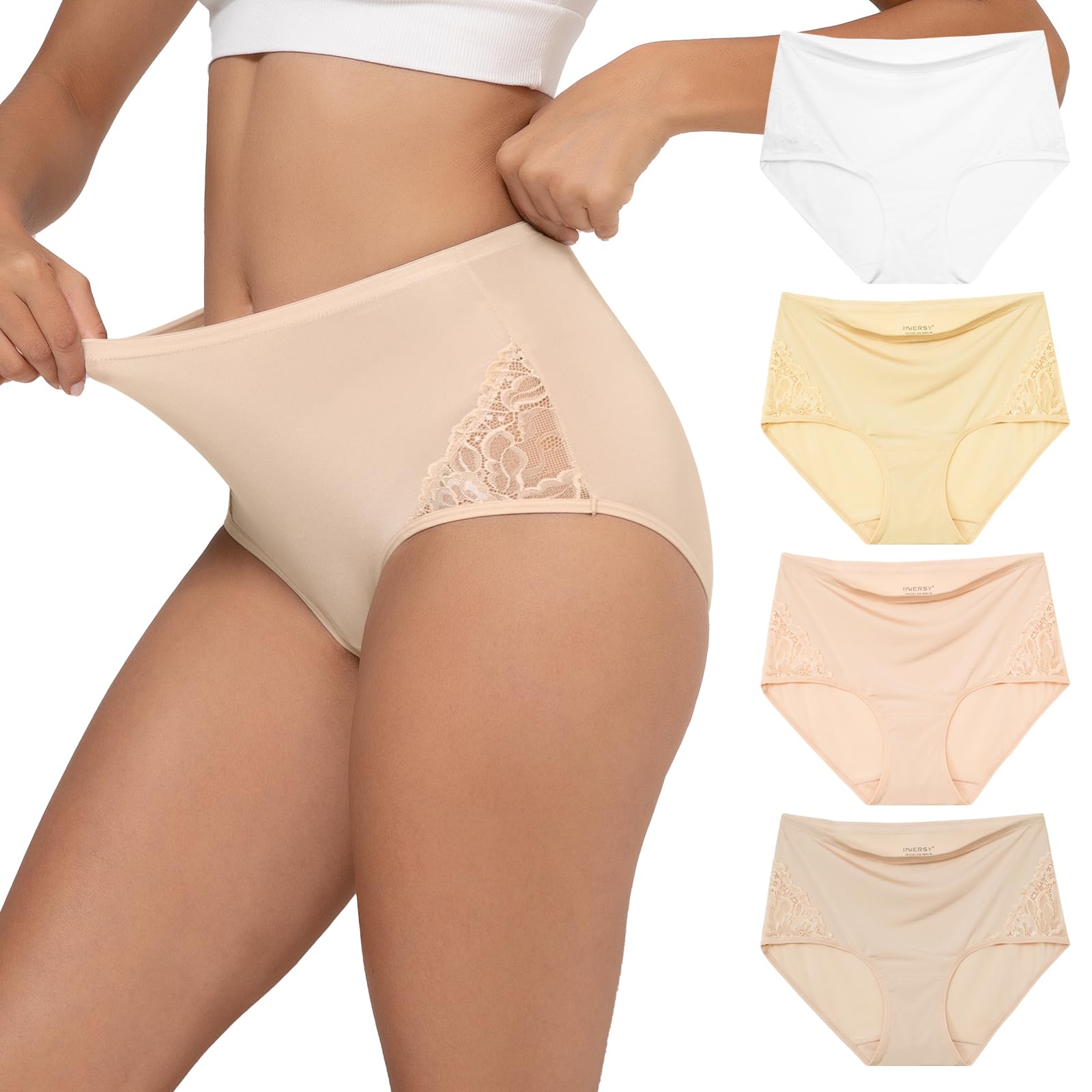 INNERSY Women's Lace Underwear Full Coverage Briefs 4 Pack | High Waisted Panties, Lightweight Stretch Nylon Blend, Quick-dry, Silky-Smooth, Breathable, Soft Cotton Crotch