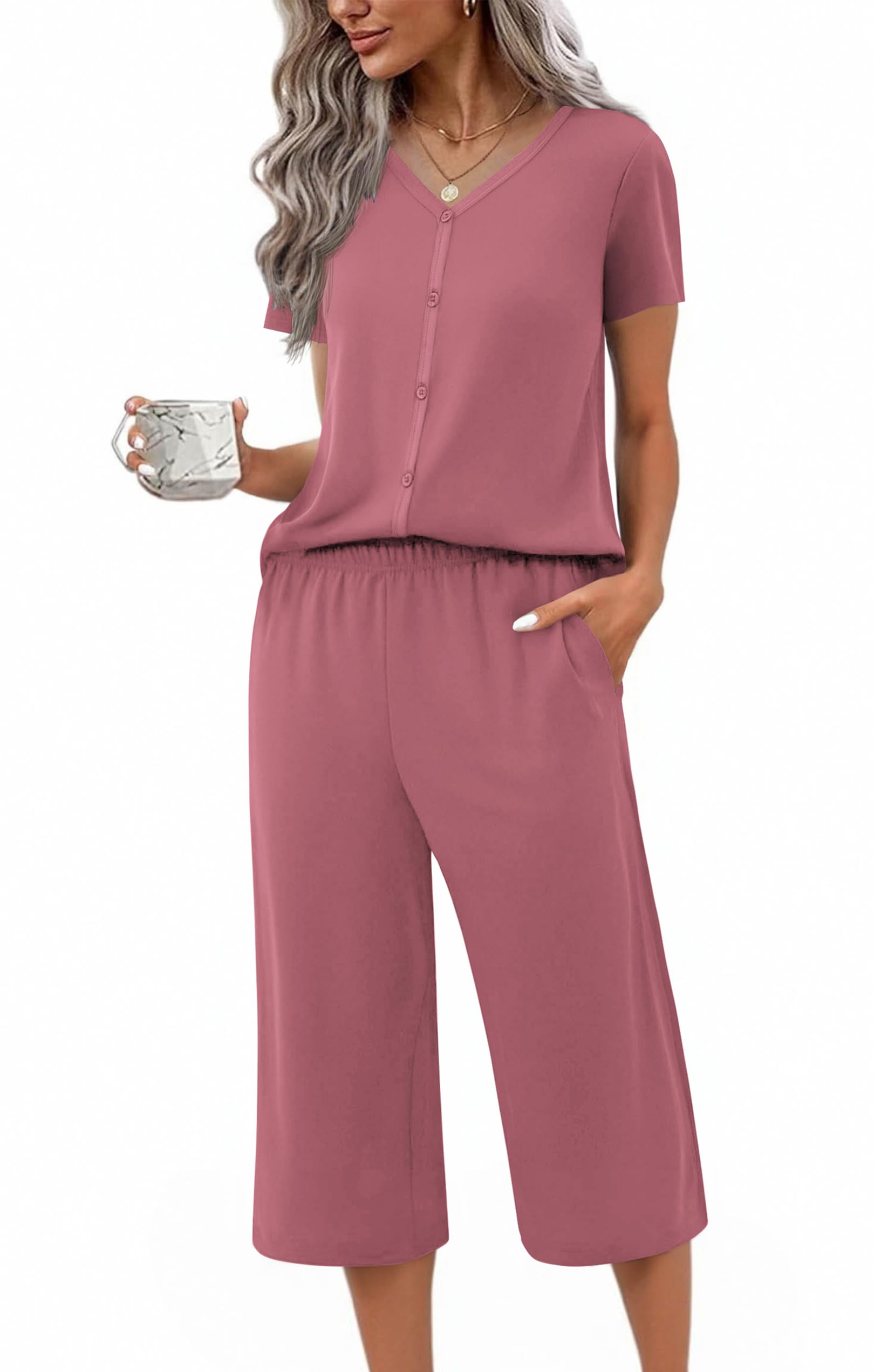 Ekouaer Women's Pajama Sets Short Sleeve Sleepwear Button Up Pj Loungewear Top and Capri Pants with Pockets