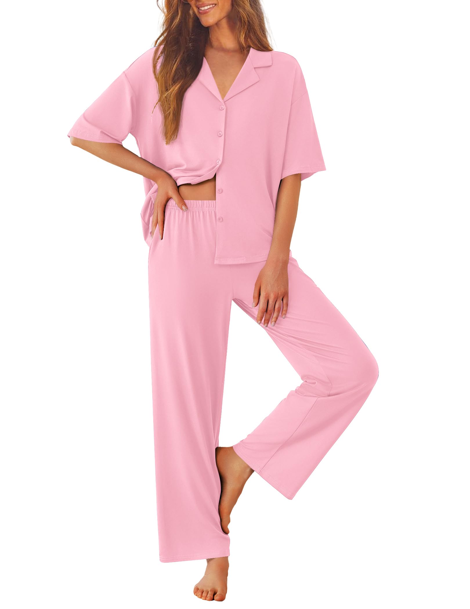 Ekouaer Women Pajamas Set Button Down Sleepwear Short Sleeve Pjs Long Pants