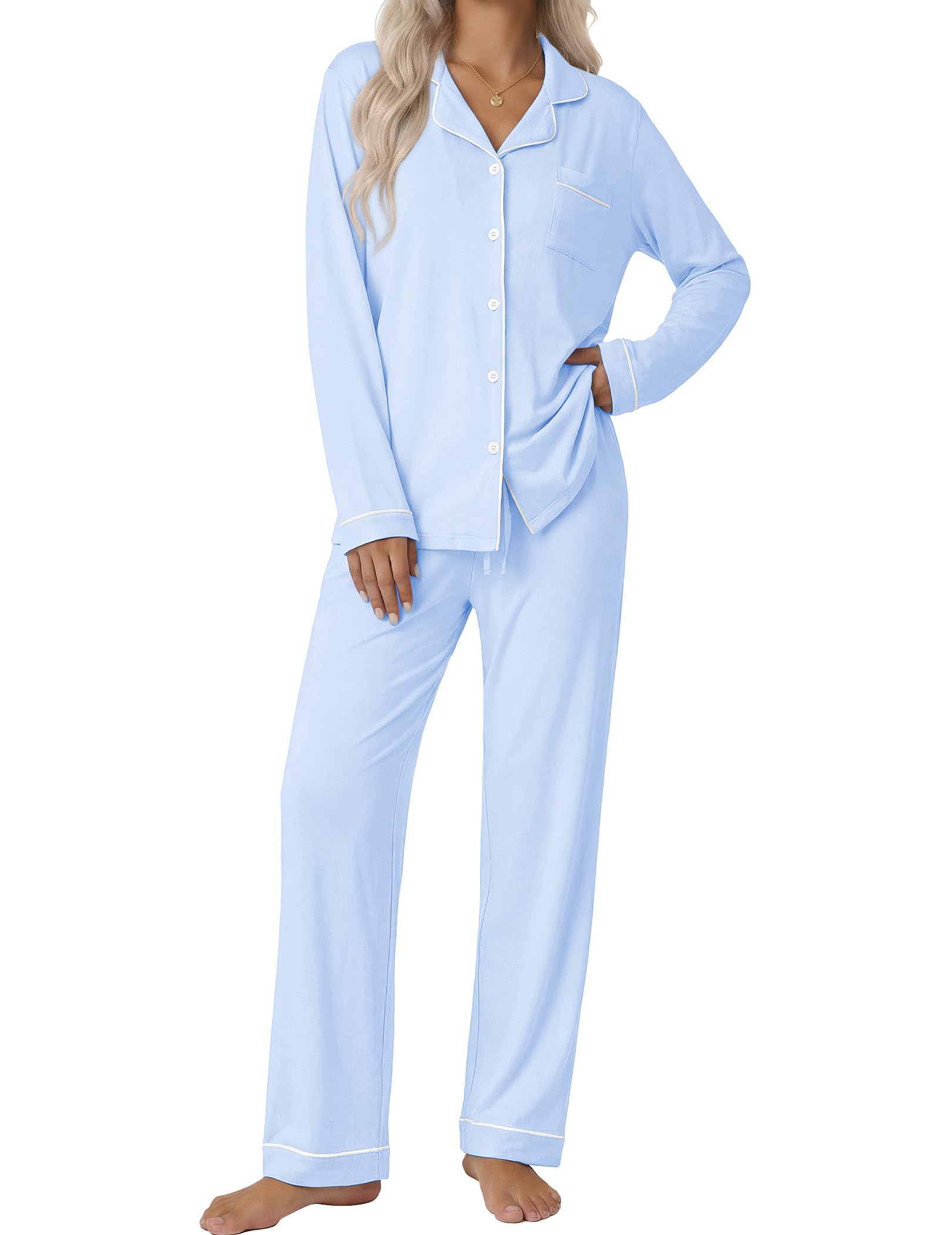 Ekouaer Women's Classic Long Sleeve Button Down Pajama Set