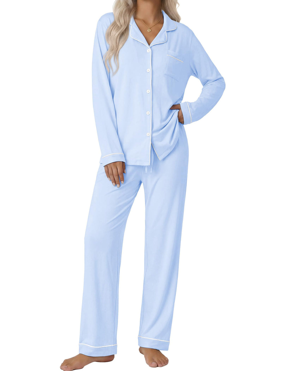 Ekouaer Women's Classic Long Sleeve Button Down Pajama Set
