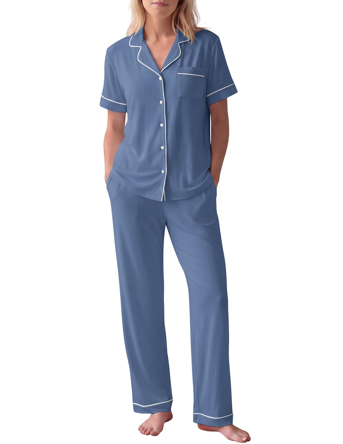 HNG Women Pajamas Set 2 Piece Button Up Pajamas Pant and Short Sleeve Shirt for Woman Pj Sets with Pocket