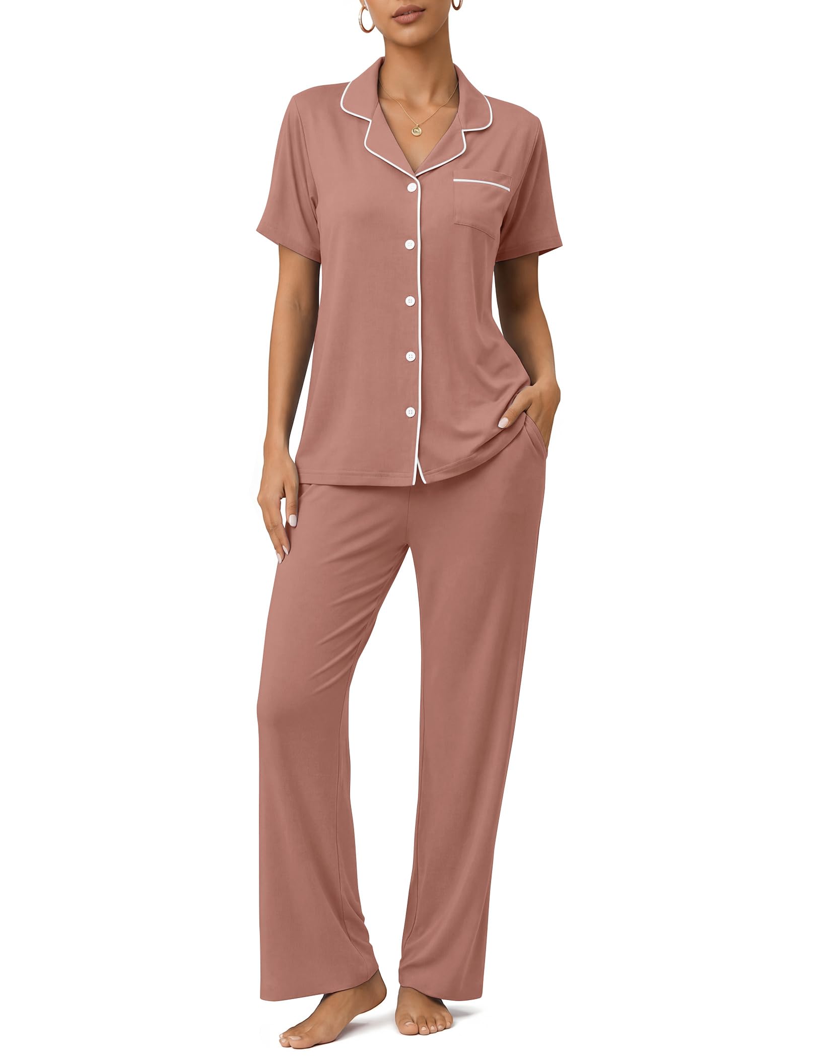 Womens Pajamas Sets 2 Piece Button Up Pj Sets Short Sleeve with Long Pant