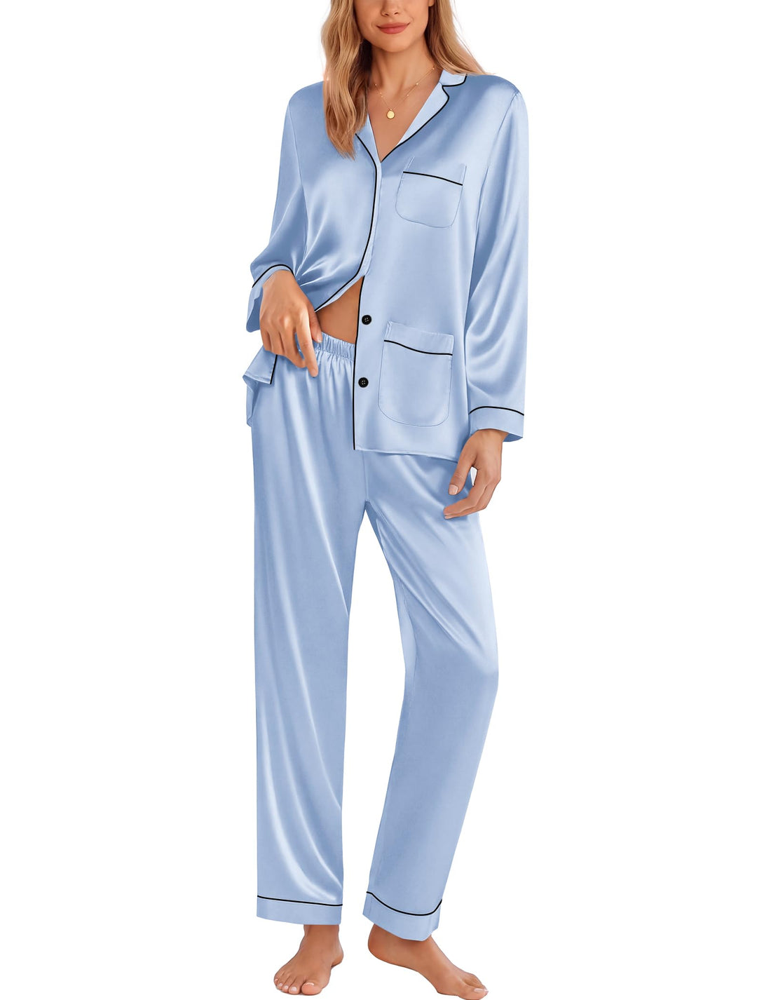 Ekouaer Pajamas for Women Silk Satin Button Down Long Sleeve Pajama Sets