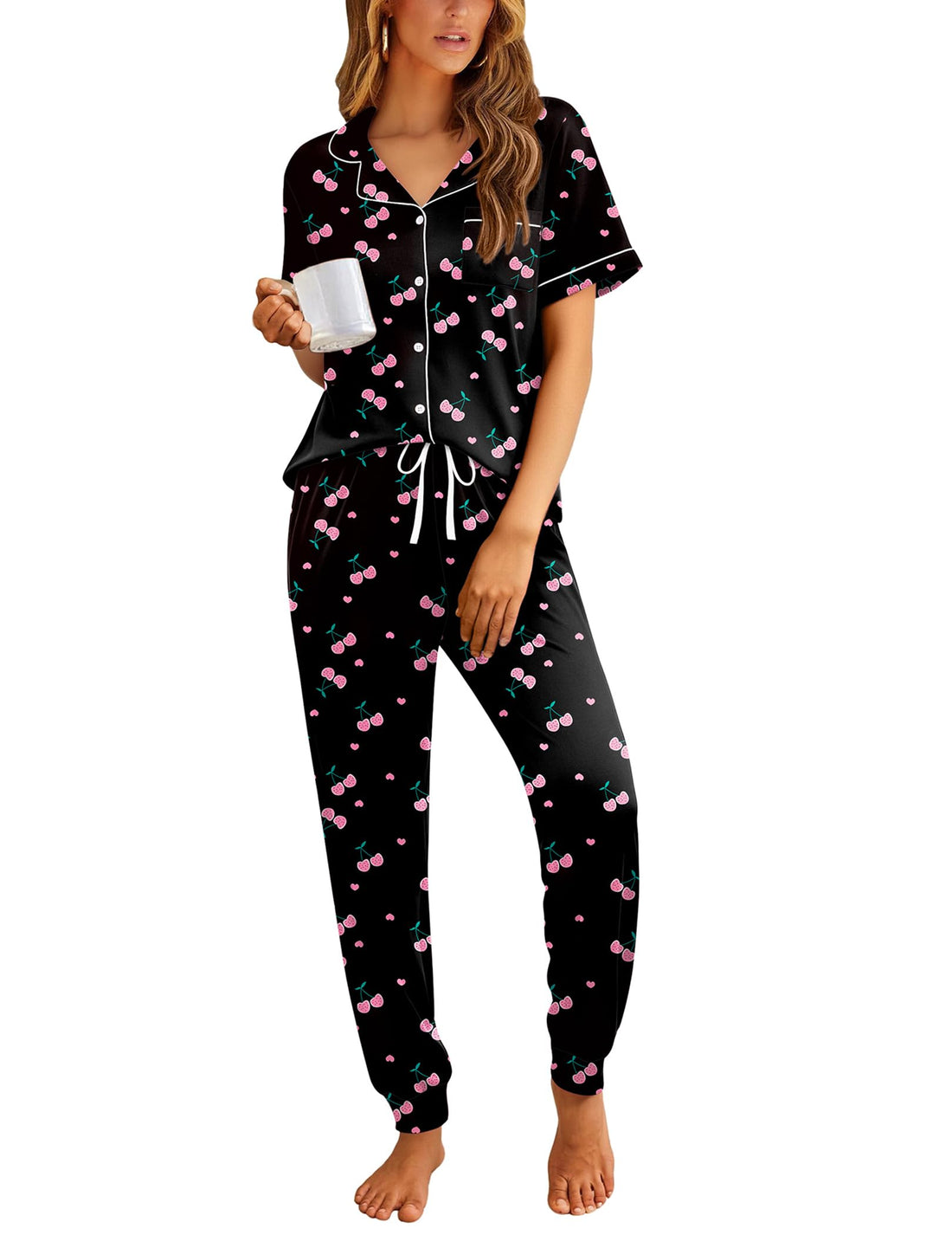 Ekouaer Women Pajama Set Short Sleeve Button Down Pjs with Jogger Pants