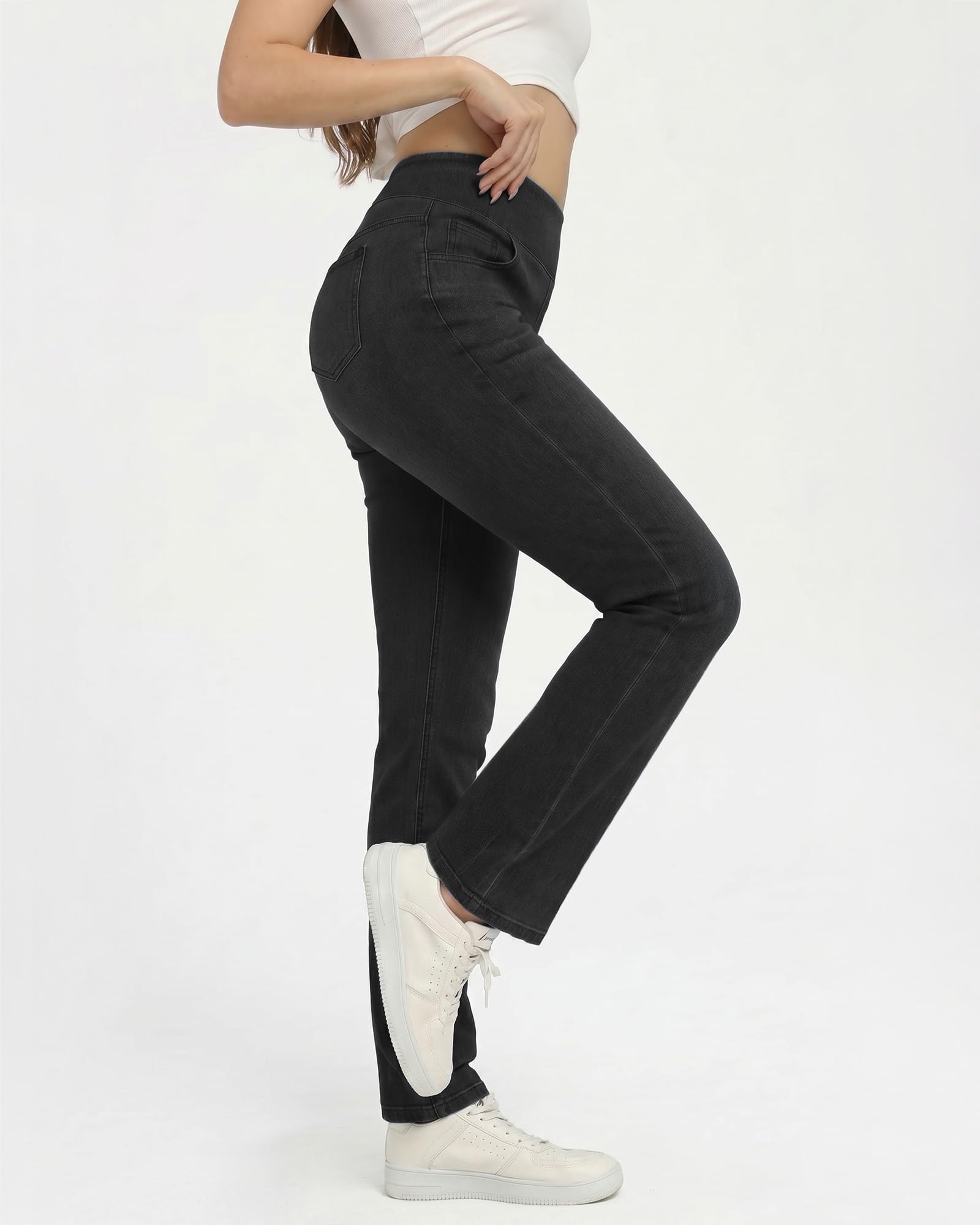 Pull on Straight Leg Jeans for Women Stretchy Sweatpant Jeans Elastic High Waist Tummy Control Trendy Denim Pants