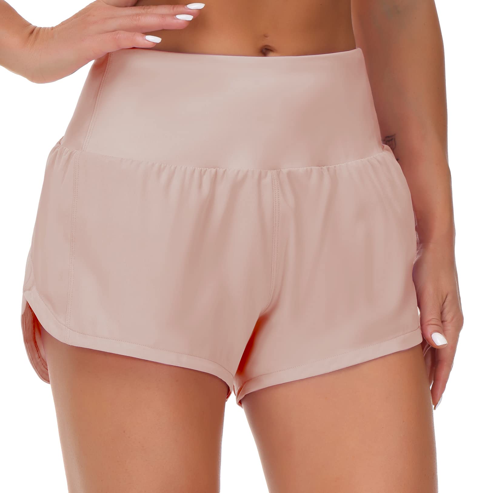 THE GYM PEOPLE Women's High Waisted Running Shorts Quick Dry Workout Shorts | High Waist, Slim Fitted, Built-in Mesh Lined, Back Zipper Pockets, Lightweight, Breathable, Side Slit