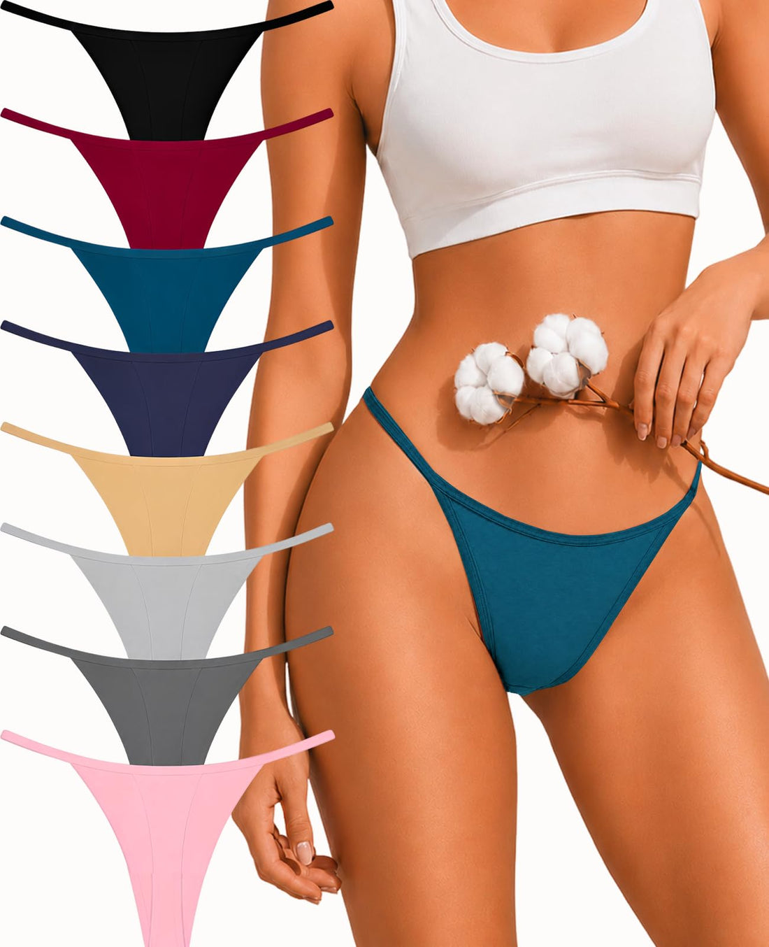 FINETOO 8 Pack Cotton Thongs for Women Sexy G-string Thong Underwear Seamless Low Rise Panties for Ladies Lingerie XS-XXL