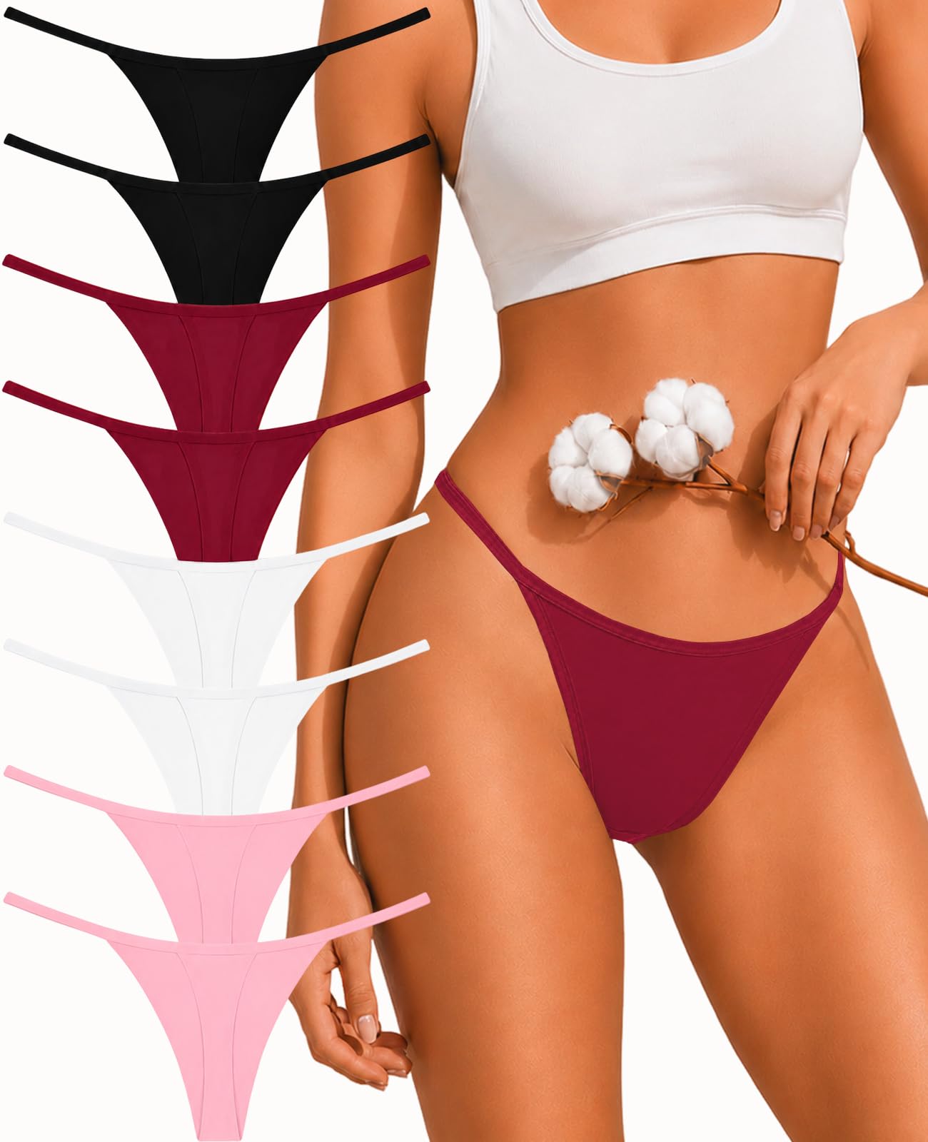 FINETOO 8 Pack Cotton Thongs for Women Sexy G-string Thong Underwear Seamless Low Rise Panties for Ladies Lingerie XS-XXL
