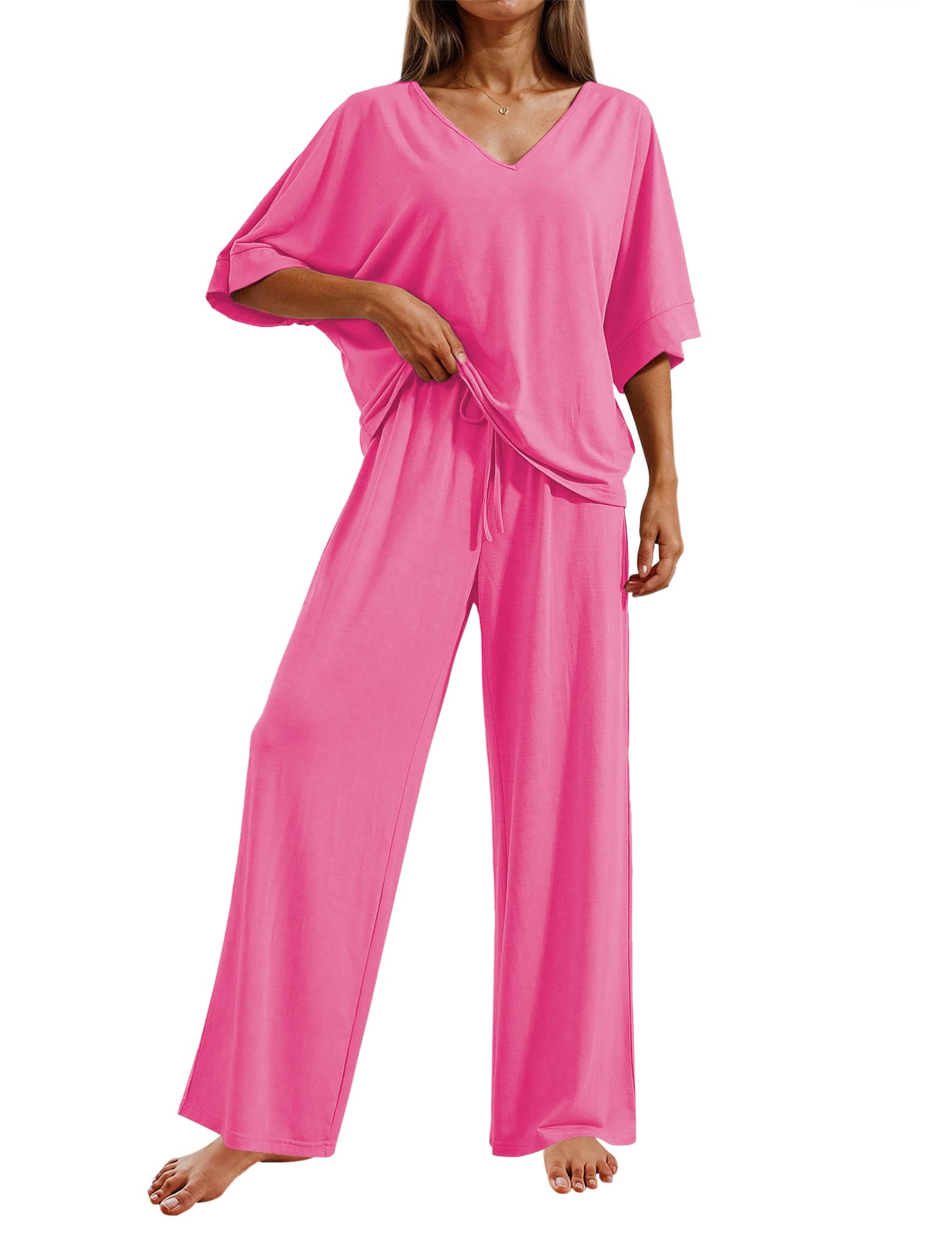 Ekouaer Pajama Sets Womens 2 Piece Short Sleeve Long Pants Pjs Lounge Set