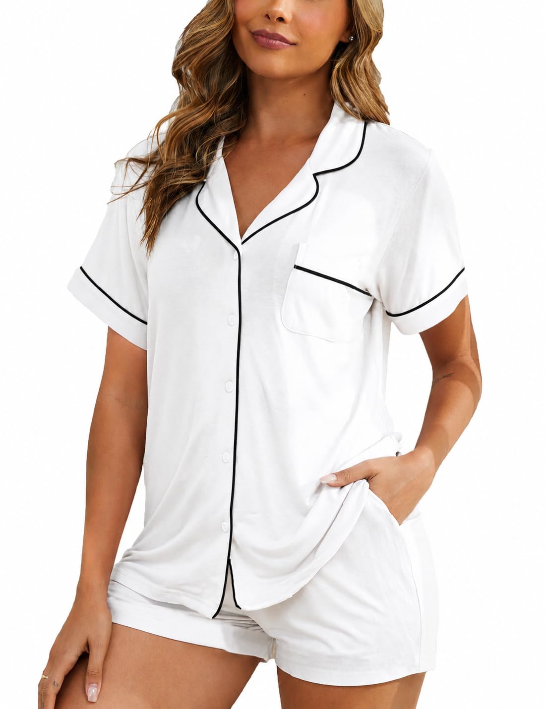 Womens Pajama Sets Short Sleeve Sleepwear Soft Button Down Nightwear Lounge Pj Set XS-XXL