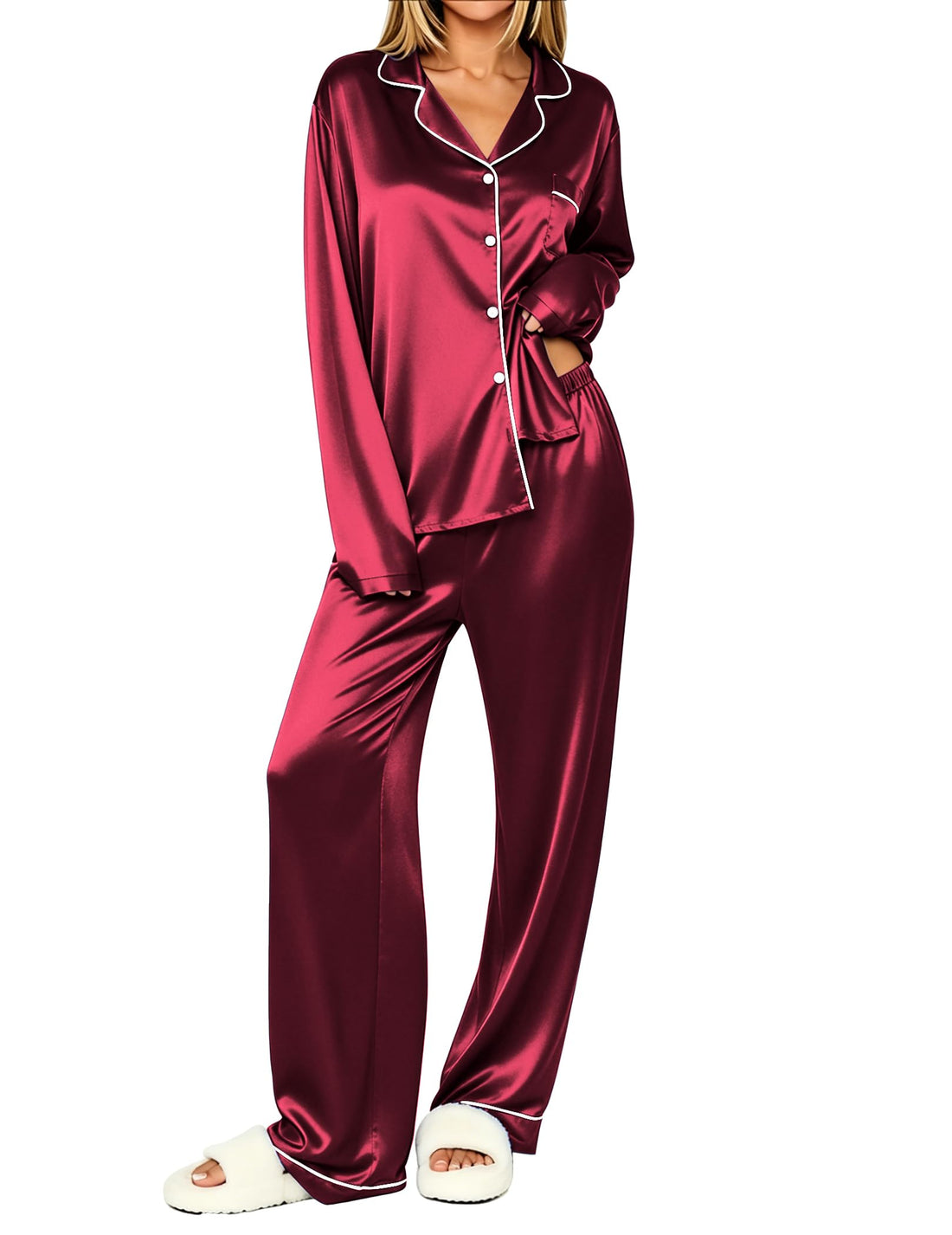 Ekouaer Womens Pajamas Silk Satin Long Sleeve Button Down Pjs Lounge Set