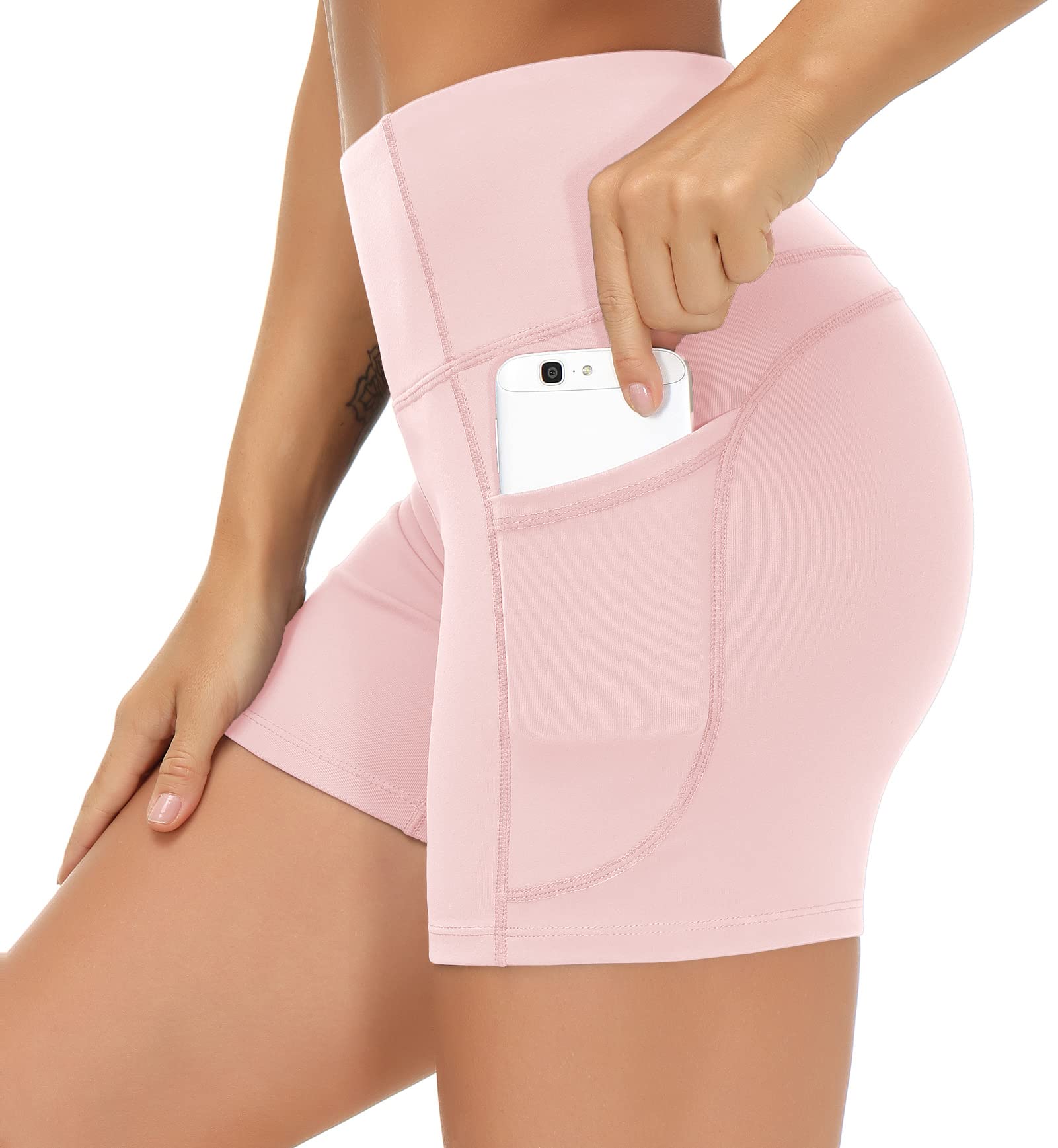 THE GYM PEOPLE High Waist Yoga Shorts for Women's Tummy Control Fitness Athletic Workout Running Shorts with Deep Pockets