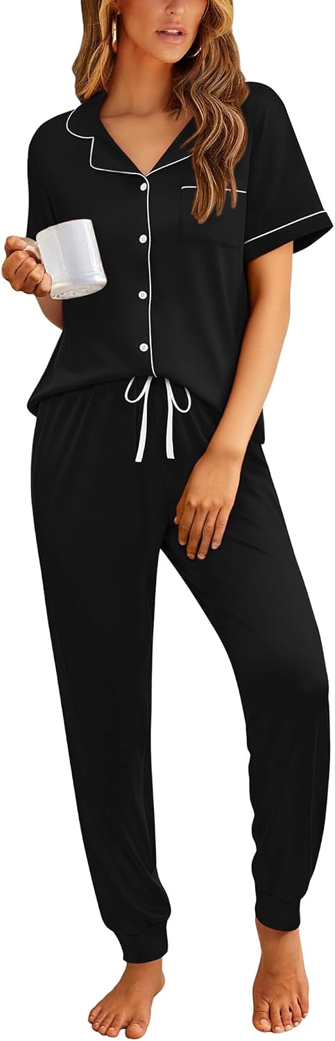Ekouaer Women Pajama Set Short Sleeve Button Down Pjs with Jogger Pants