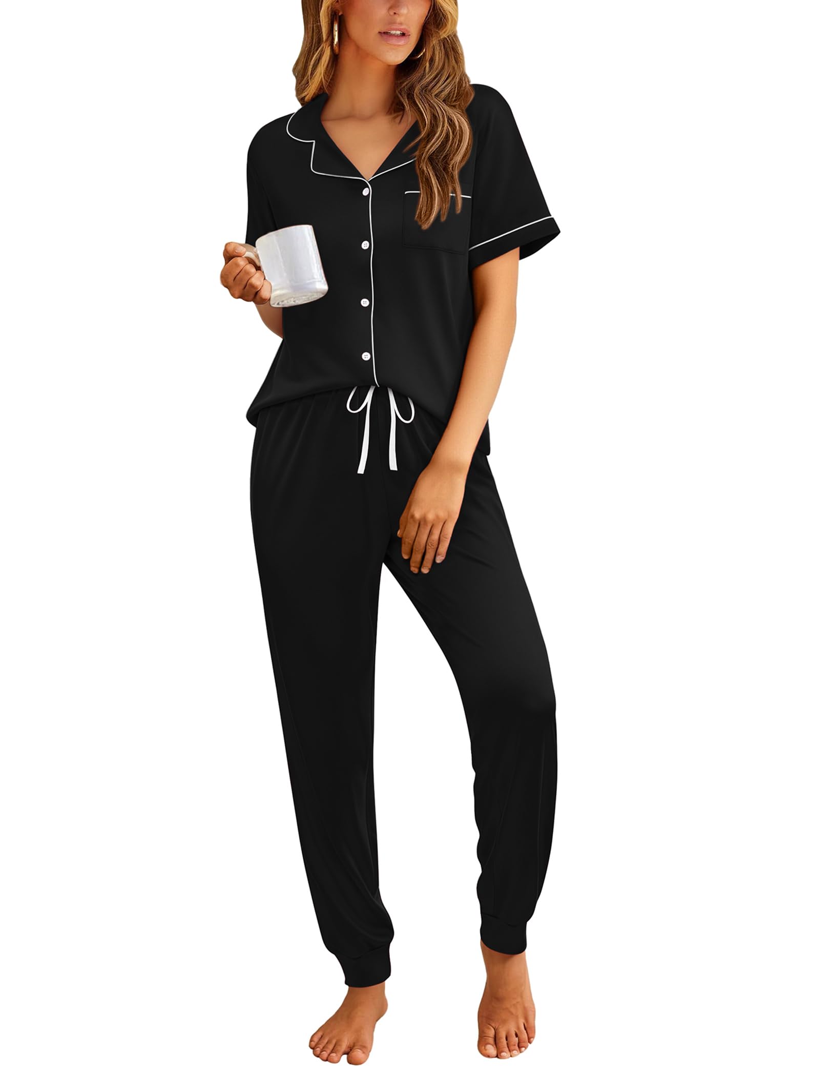 Ekouaer Women Pajama Set Short Sleeve Button Down Pjs with Jogger Pants