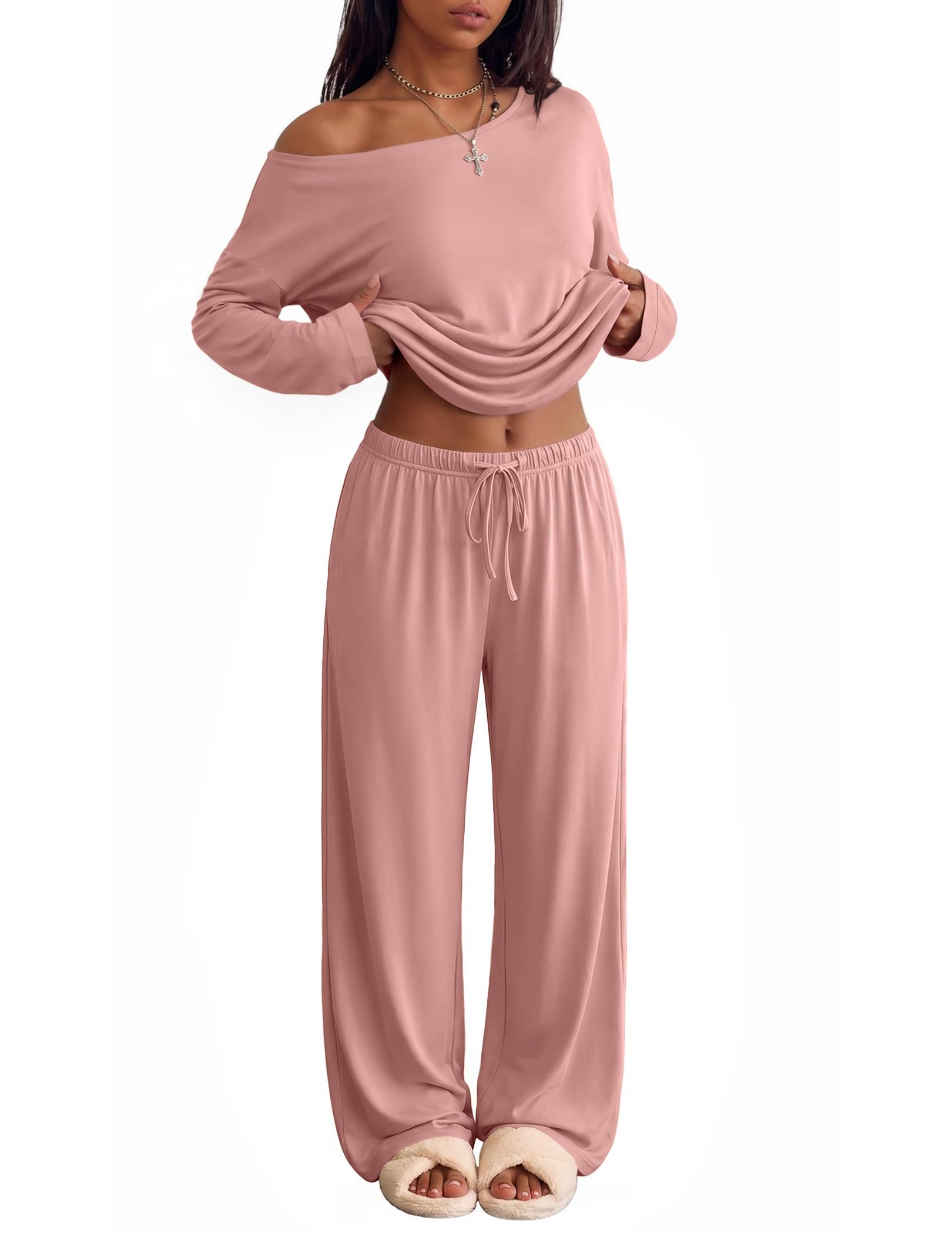 Ekouaer Womens Pajama Sets Off Shoulder Lounge Set 2 Piece Long Sleeve PJs