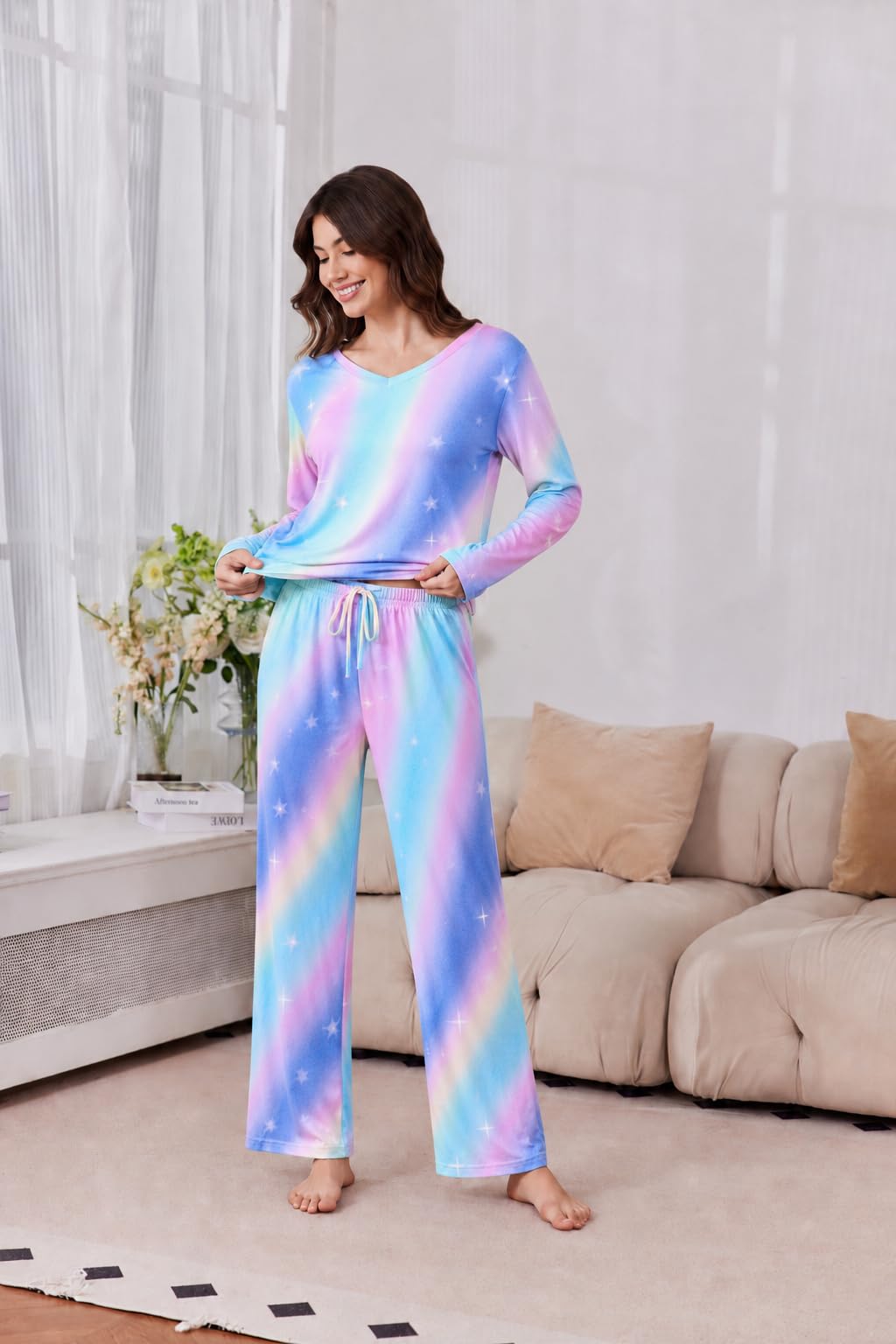 2 Pack: Women's Long Sleeve Pajama Sets - V Neck Top and Pants Lounge sets
