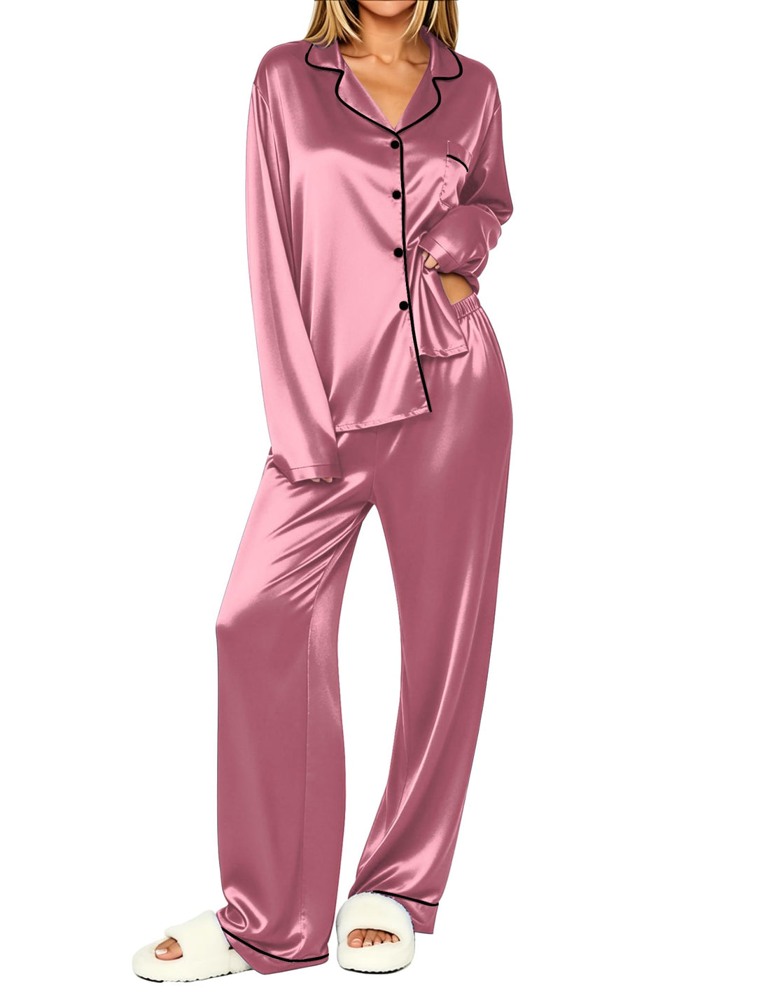 Ekouaer Womens Pajamas Silk Satin Long Sleeve Button Down Pjs Lounge Set