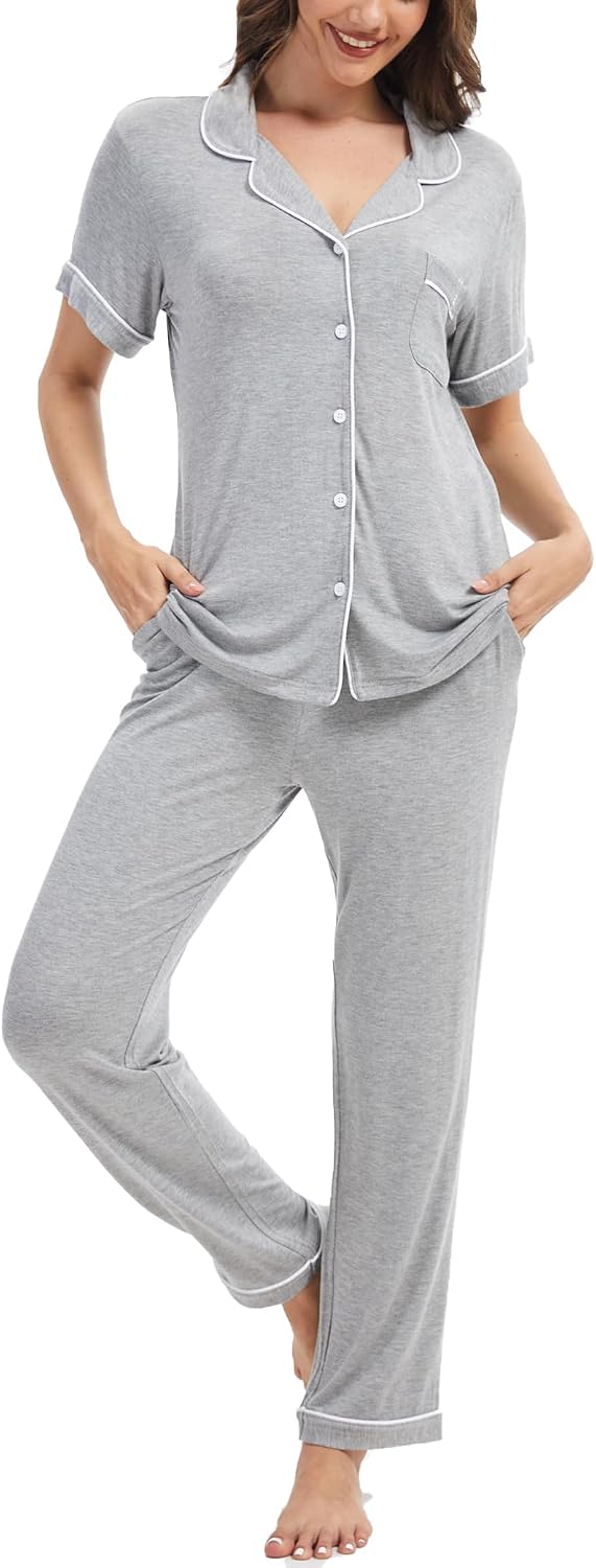 Womens Pajama Set Soft Pjs Short Sleeve Sleepwear with Long Pants 2 Piece Lounge Sets S-XXL