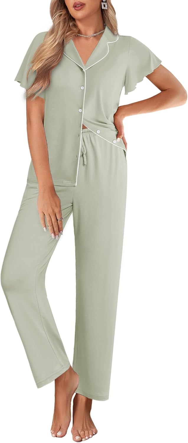Ekouaer Pajamas for Women Set Ruffle Sleeve Button Up with Long Pants