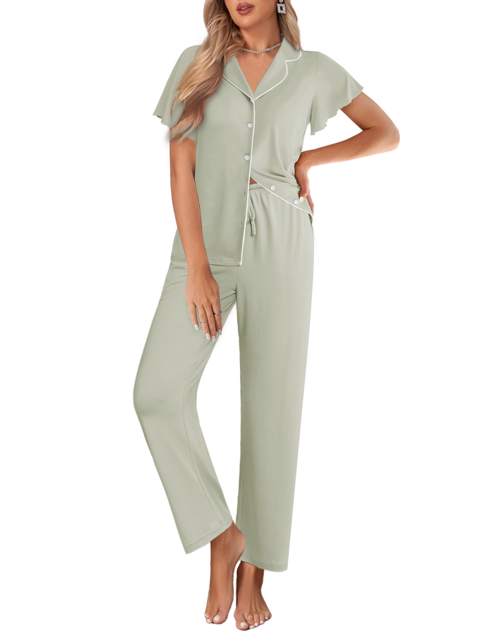 Ekouaer Pajamas for Women Set Ruffle Sleeve Button Up with Long Pants