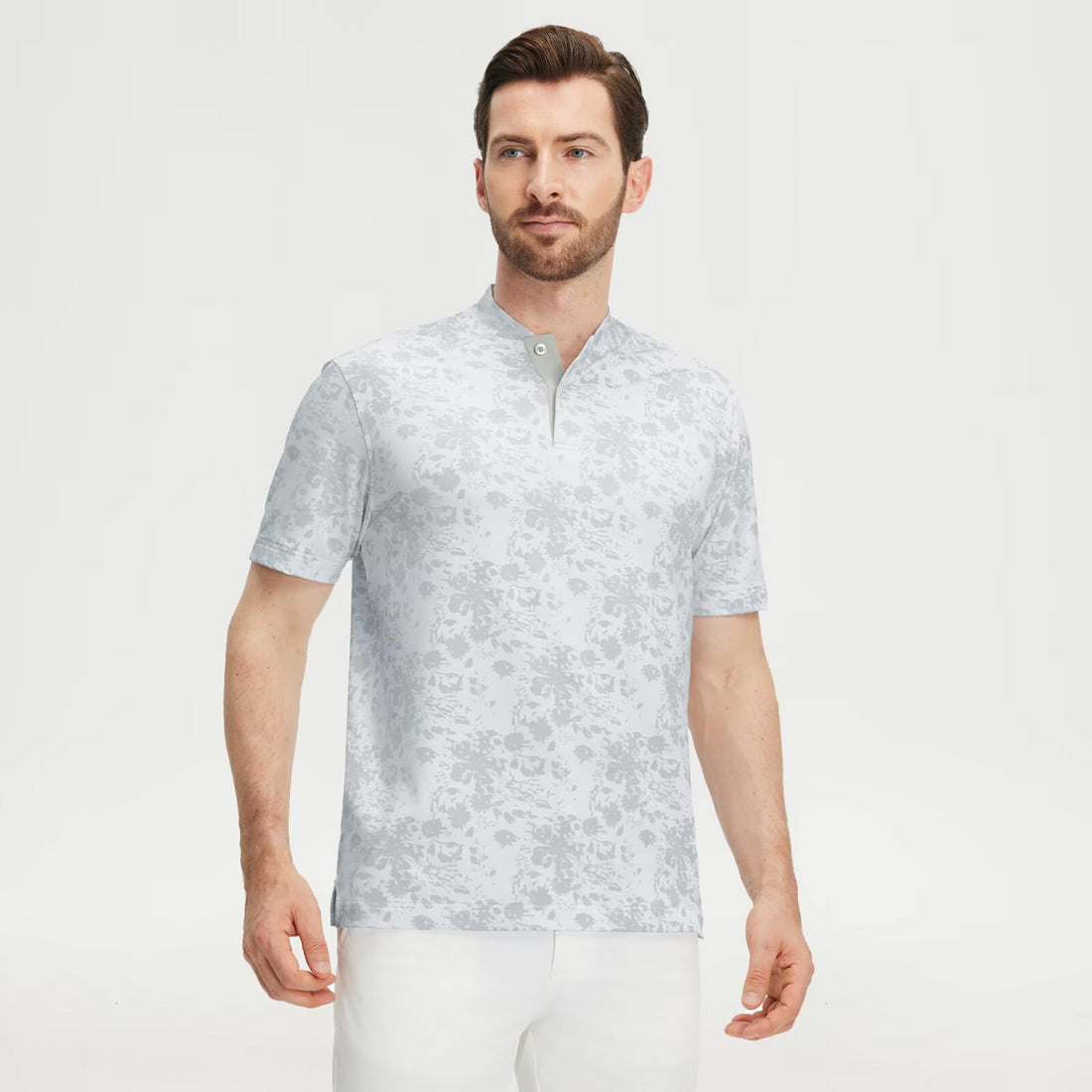M MAELREG Golf Shirts for Men Collarless Performance Dry Fit Stretch Henley Casual Printed Mens Polo Shirts Short Sleeve