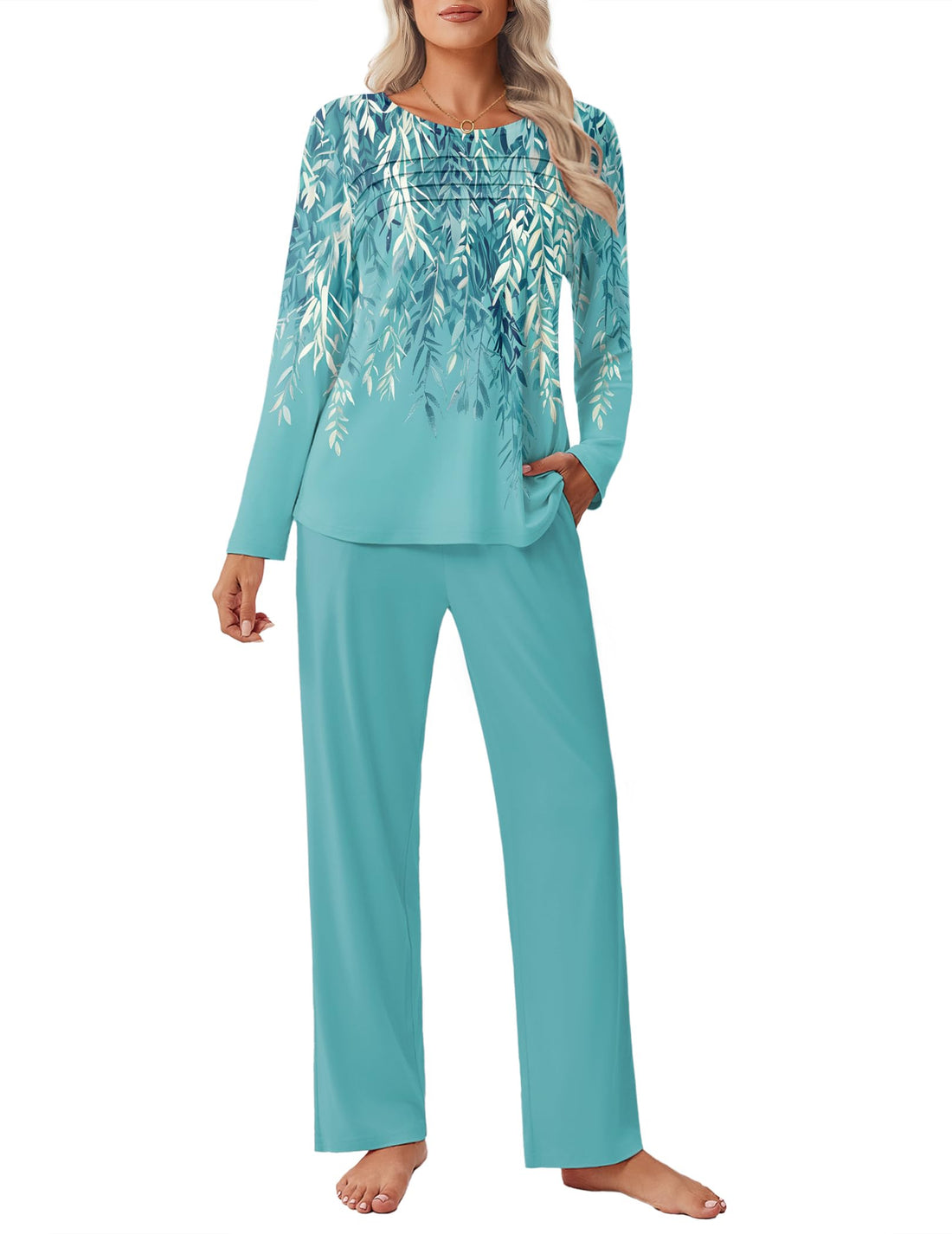 Ekouaer Womens Pajama Sets Pleated Tops with Long Sleeve Fall Lounge Set