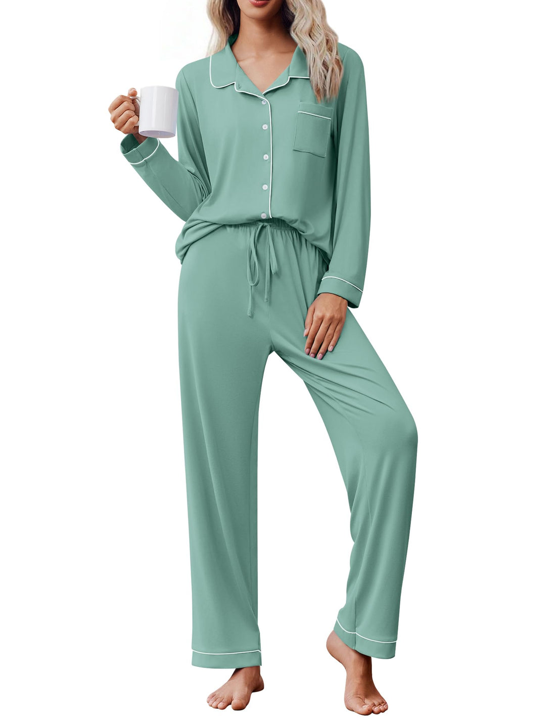 Ekouaer Women's Pajama Set Long Sleeve Lounge Set Soft Button Down Pjs