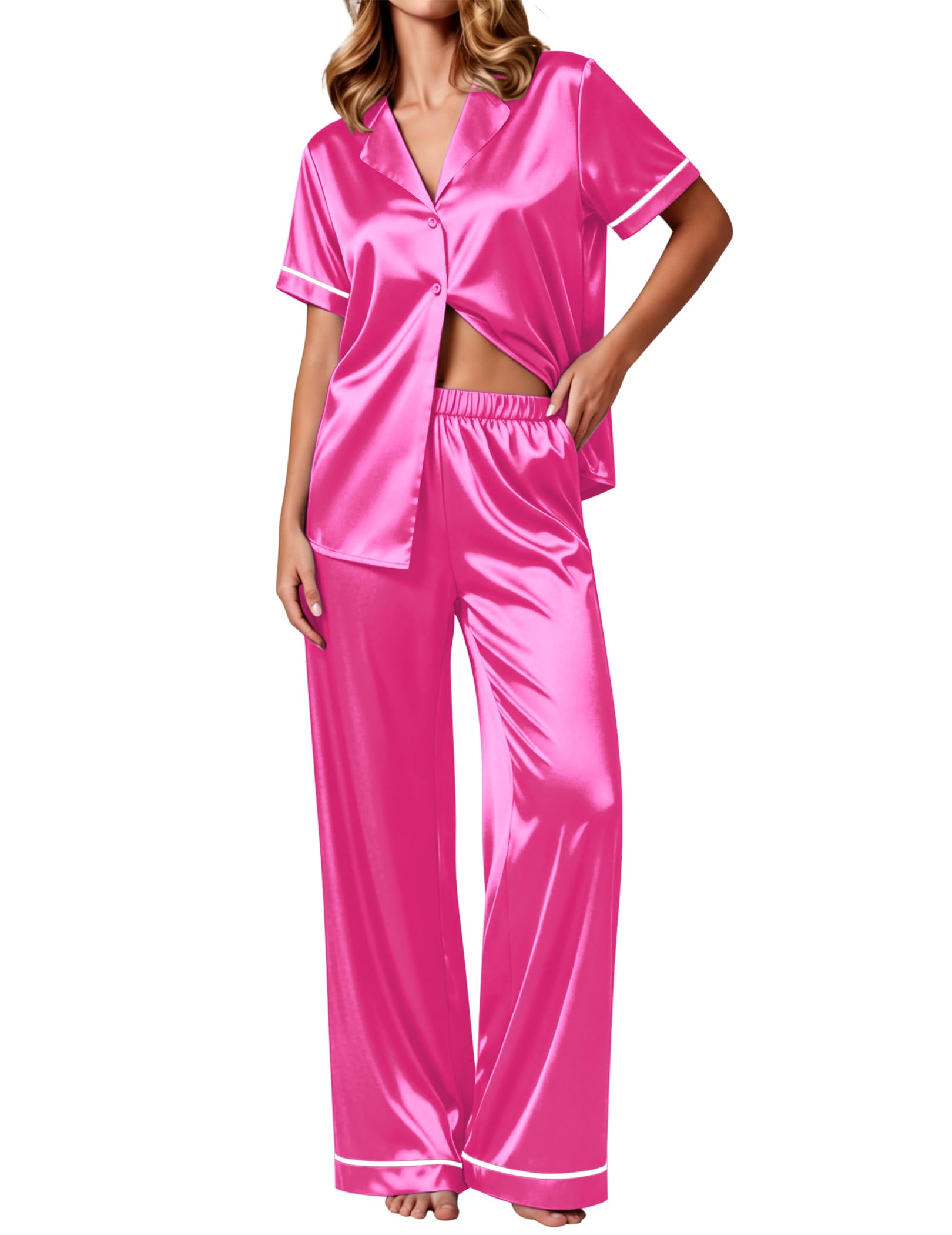 Ekouaer Women's Silk Pajamas Set Short Sleeve Pjs Button Down Lounge Set