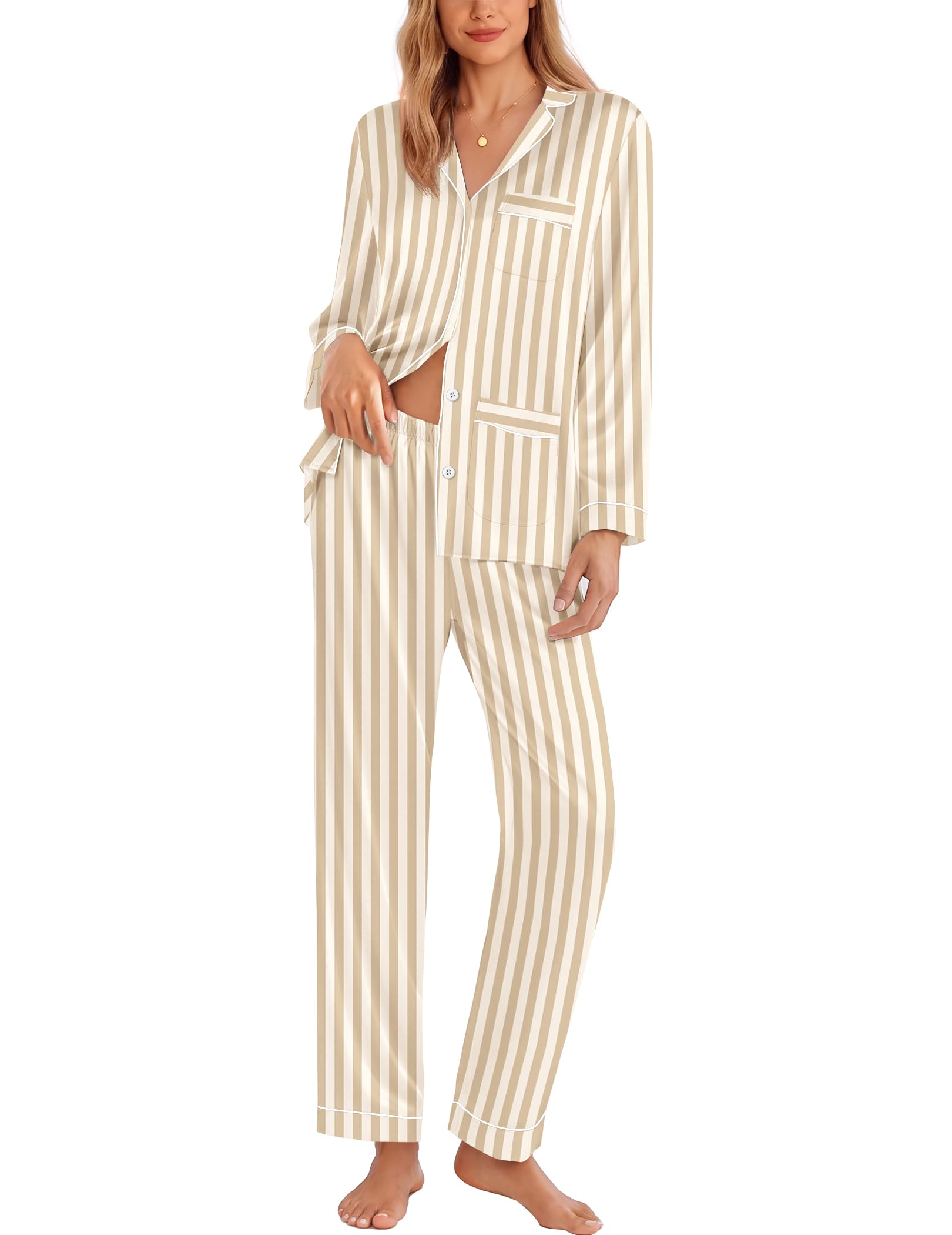 Ekouaer Pajamas for Women Silk Satin Button Down Long Sleeve Pajama Sets