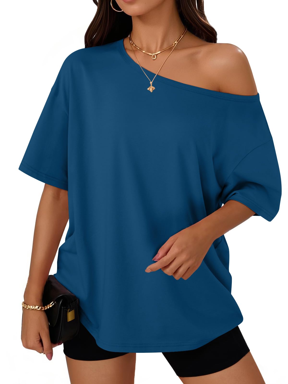 Trendy Queen Womens Off the Shoulder Tops Oversized Summer T-Shirts 2026 | Breathable comfort stretch fabric, short sleeve, basic oversized tees, casual workout gym, y2k going out clothes