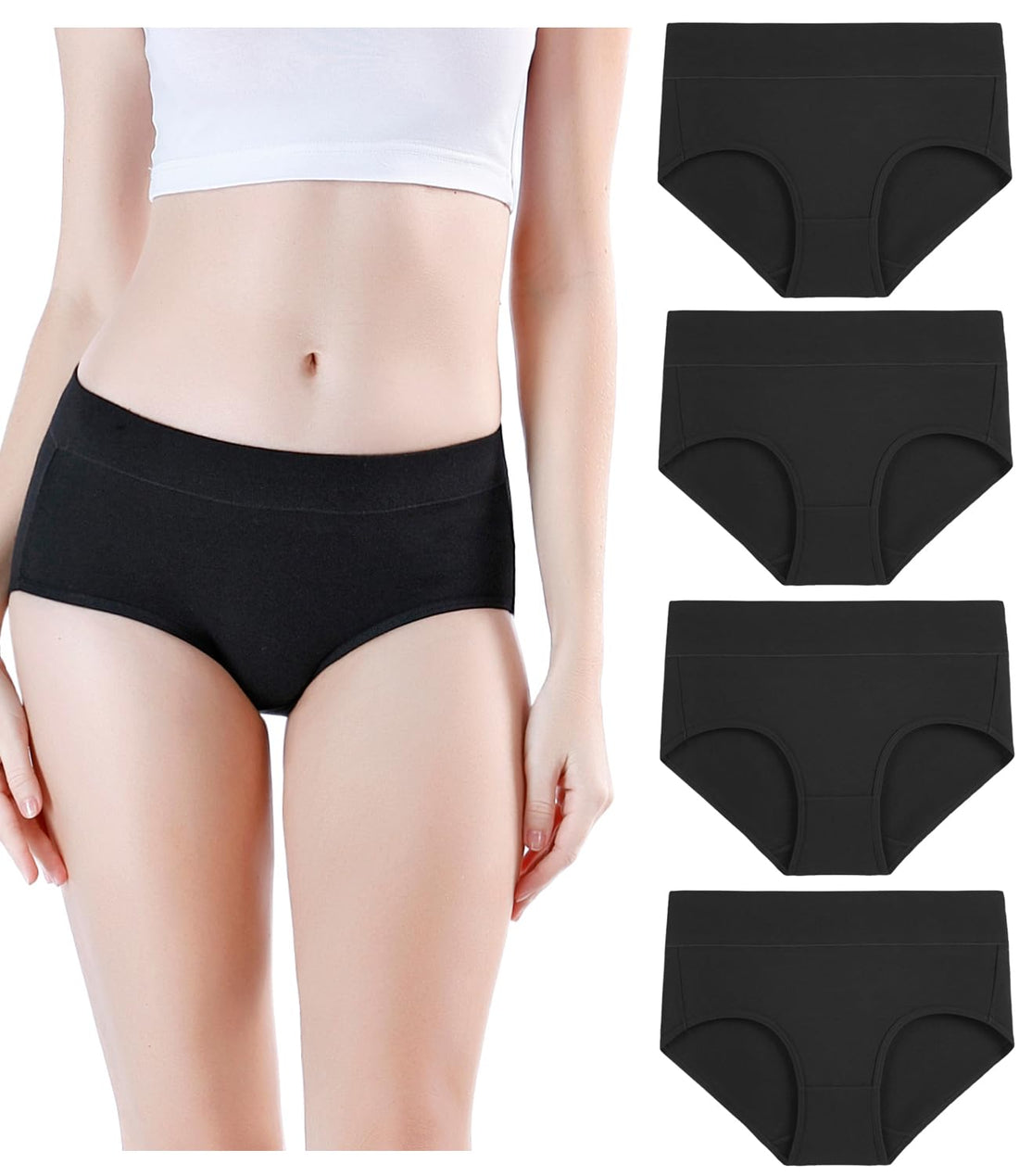 wirarpa Women's Underwear Cotton Mid Waisted Ladies Panties Full Coverage Briefs 4 Pack (Regular & Plus Size)