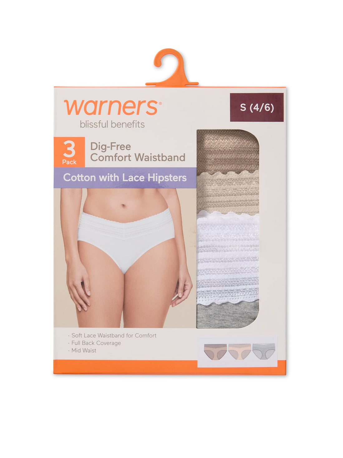 Warner's Women's Blissful Benefits Women's Dig-free Comfort Waist With Lace Cotton Hipster 3-pack