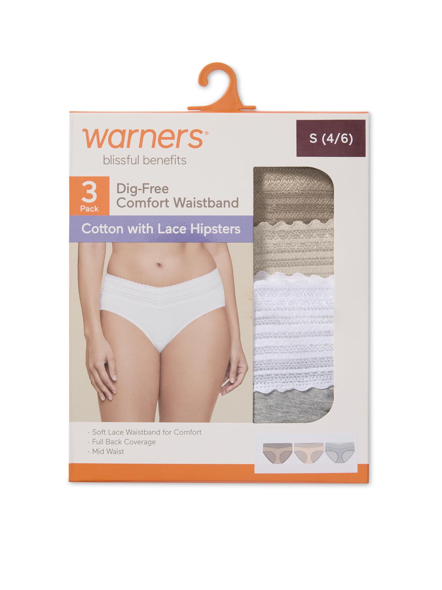 Warner's Women's Blissful Benefits Women's Dig-free Comfort Waist With Lace Cotton Hipster 3-pack