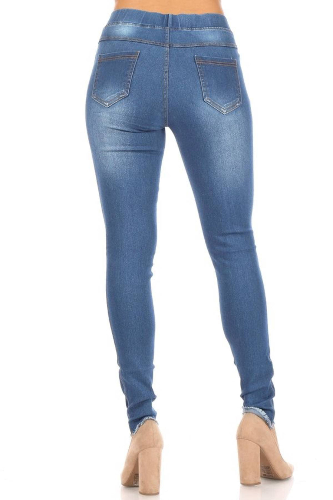 Jvini Women’s Stretch Denim Pull On Jeans with Pockets – Ripped Distressed Elastic Waist Jeggings Skinny Denim Pants