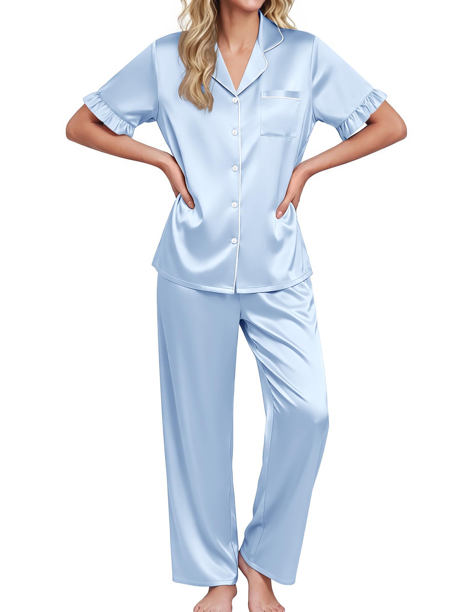 Ekouaer Silk Satin Pajamas for Women Set 2 Piece Short Sleeve Button Up Pjs
