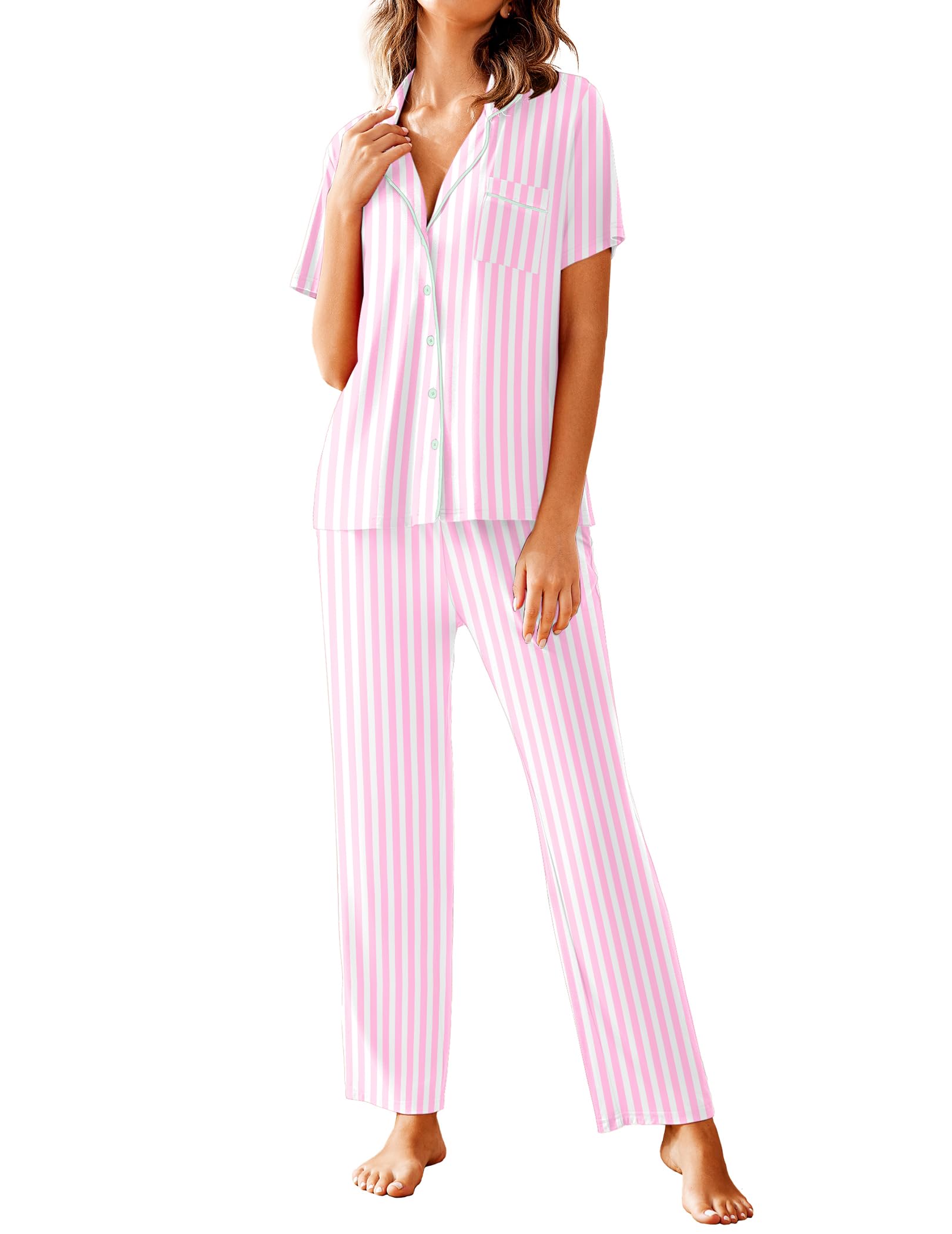 Avidlove Women Pajamas Set Notch Collar Soft Sleepwear Pjs Short Sleeve Button Down Nightwear with Long Pants