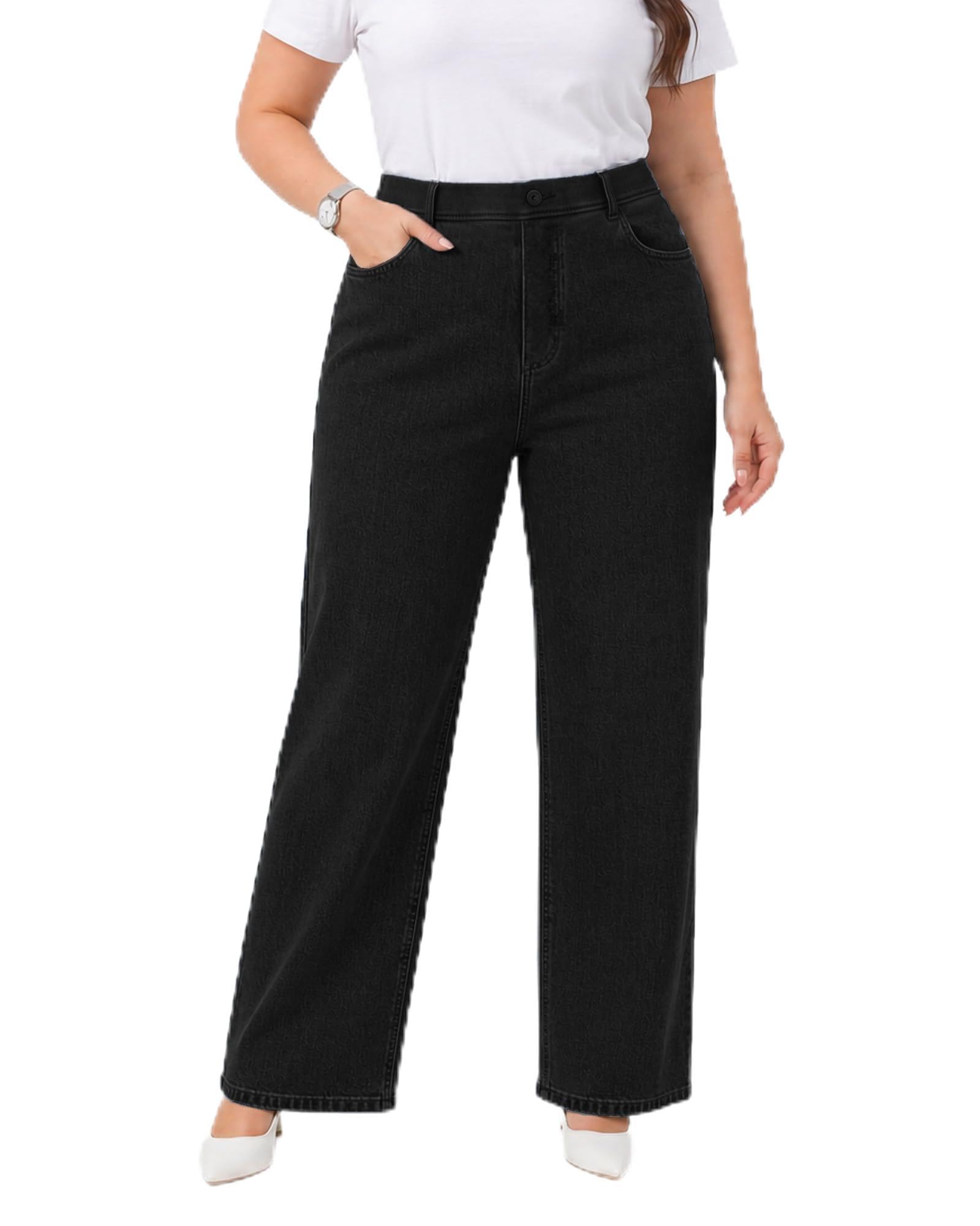 Pull On Jeans for Women Wide Leg High Waisted Stretch Baggy Jeans Casual Trendy Straight Denim Pants (with Plus Size)