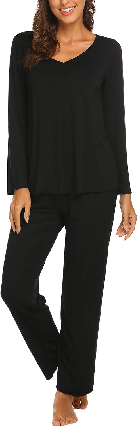 Ekouaer Pajamas for Women Set Long Sleeve Pleated Top and Pants Loungewear