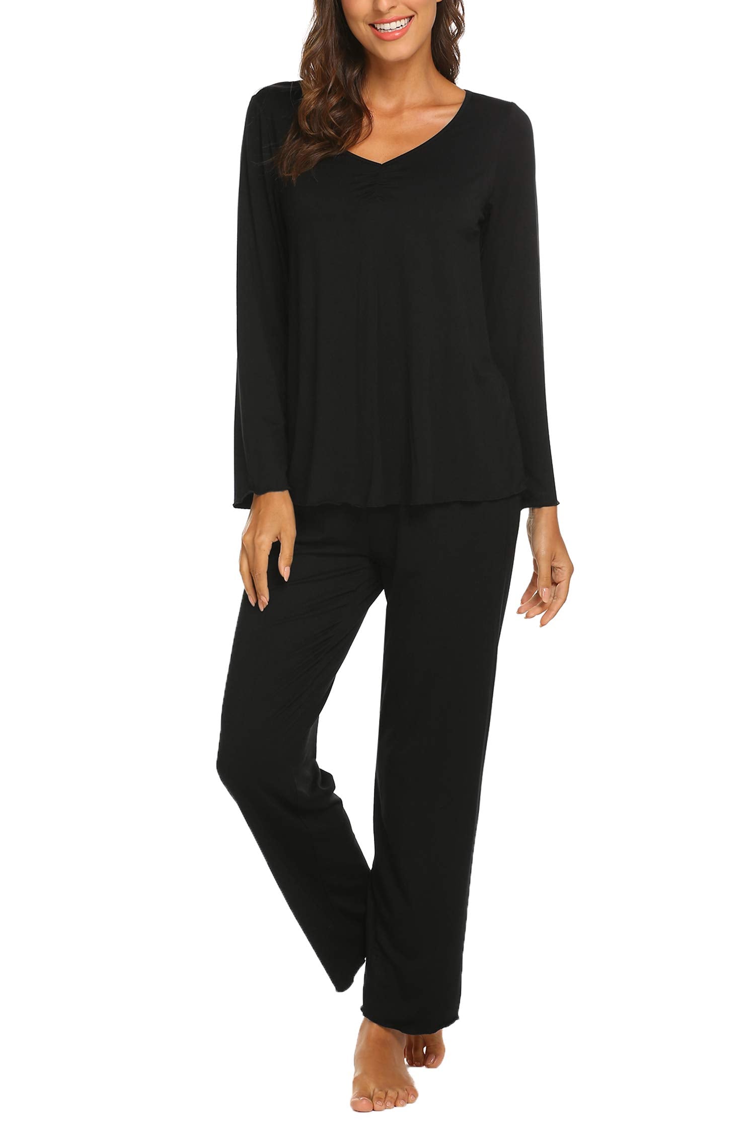 Ekouaer Pajamas for Women Set Long Sleeve Pleated Top and Pants Loungewear