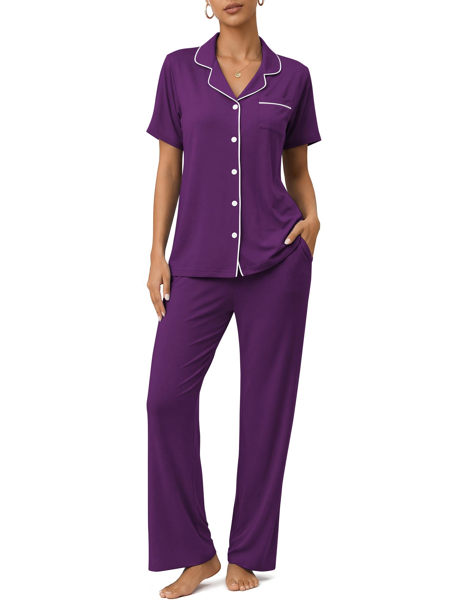 Womens Pajamas Sets 2 Piece Button Up Pj Sets Short Sleeve with Long Pant