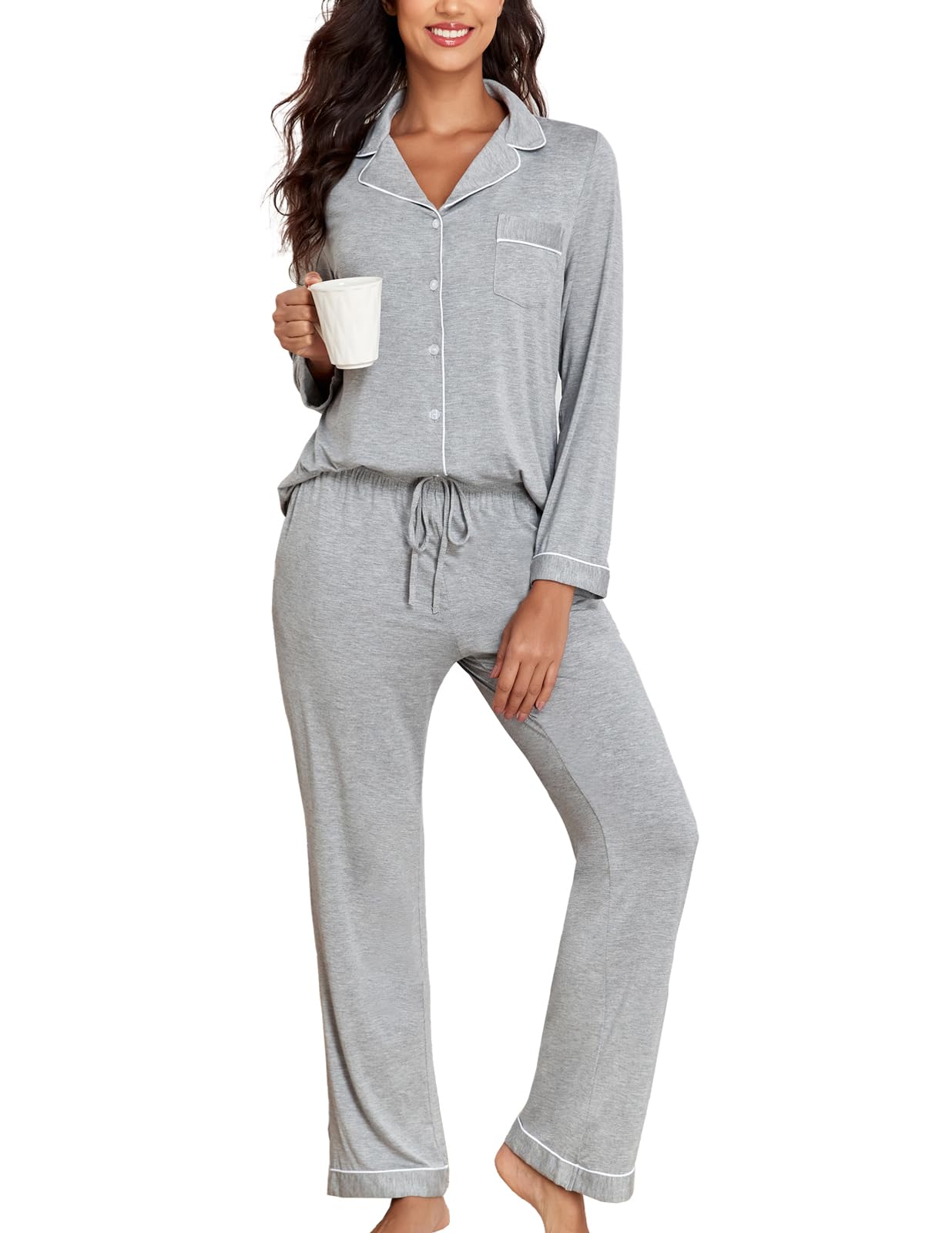 Veseacky Women's Ribbed Knit Pajamas Set 2 Piece Warm Soft Loungewear Sleepwear Pjs S-XXL
