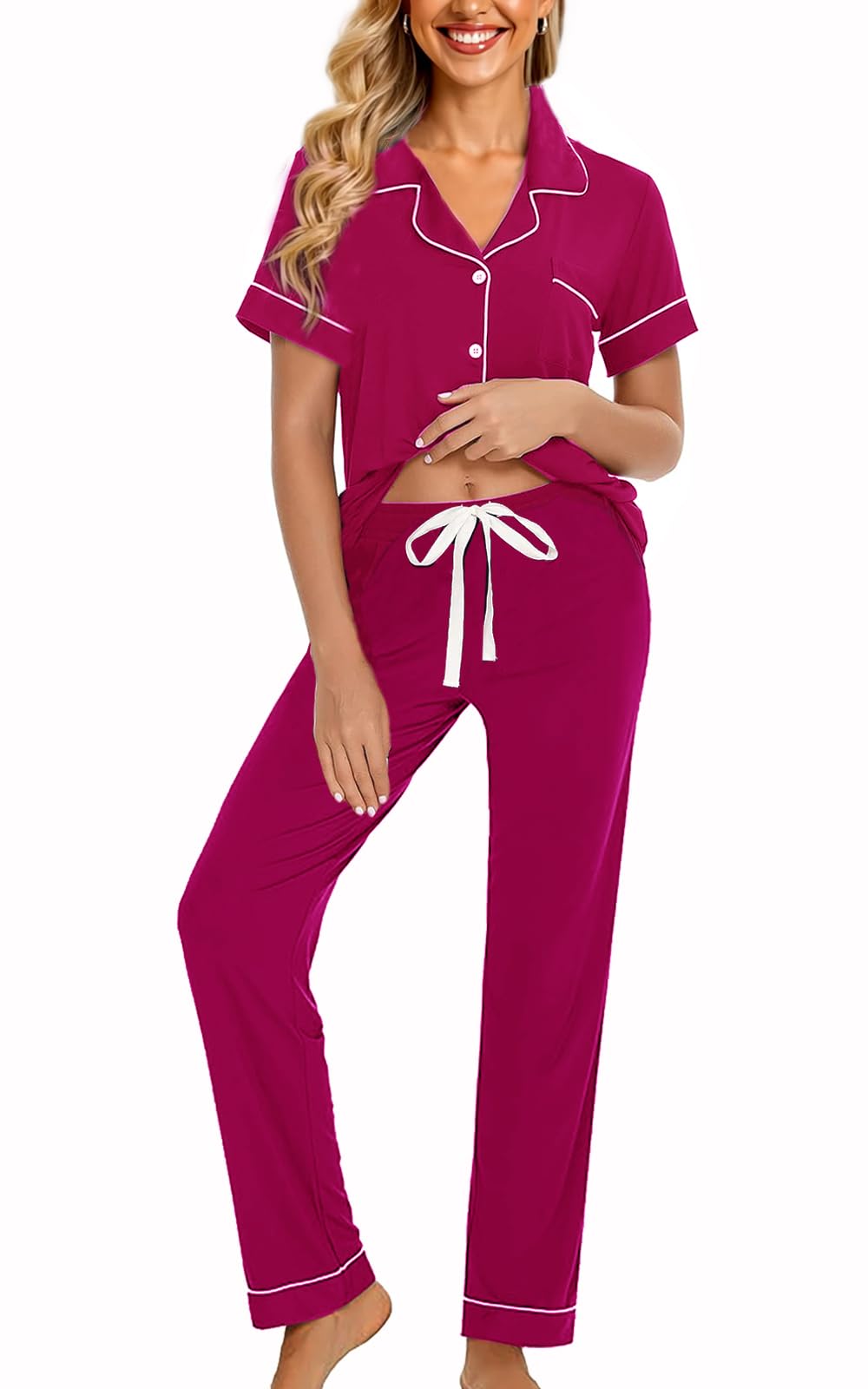 WJing Yi Jia Womens Soft Pajamas Set XS-XXL Button Down Sleepwear Short Sleeves Pajama sets with Long Pants Pj Set Nightwear