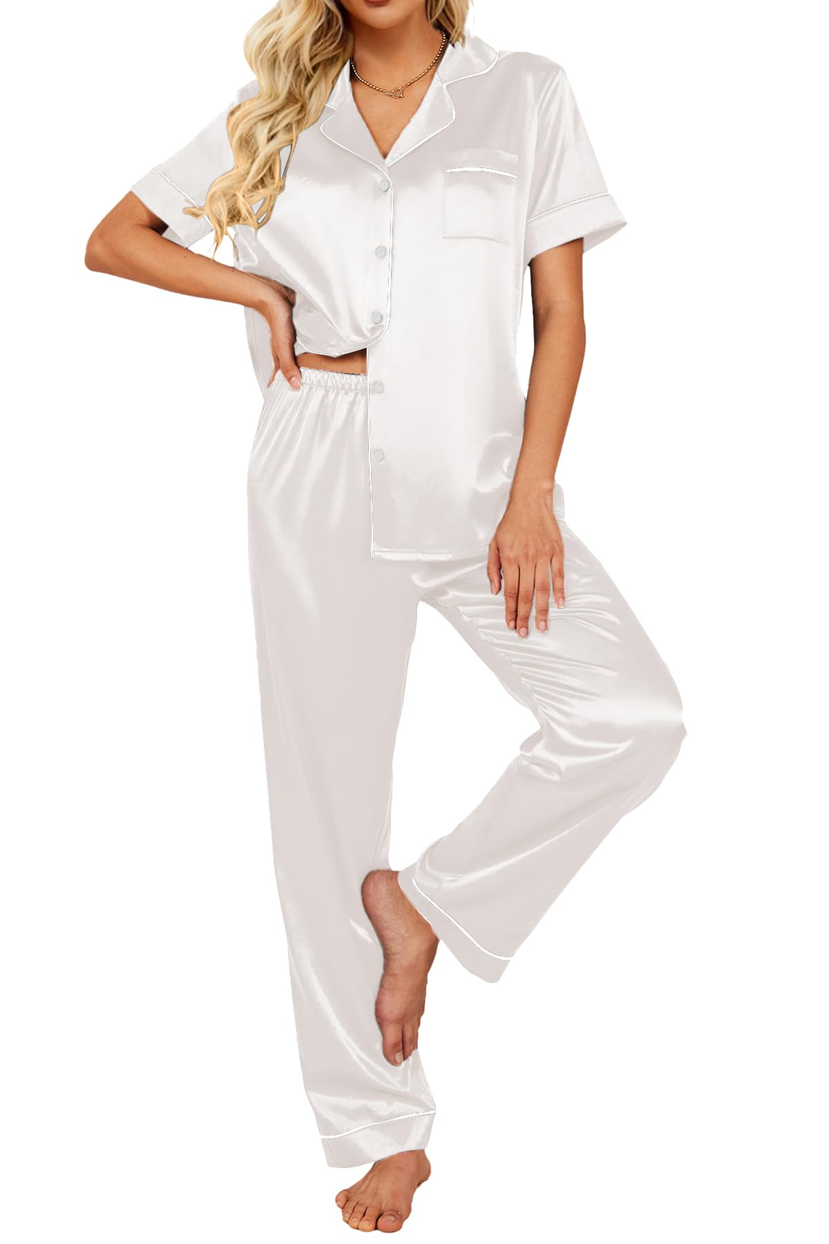 Ekouaer 2 Piece Satin Short Sleeve Pajamas Set Button Down Sleepwear
