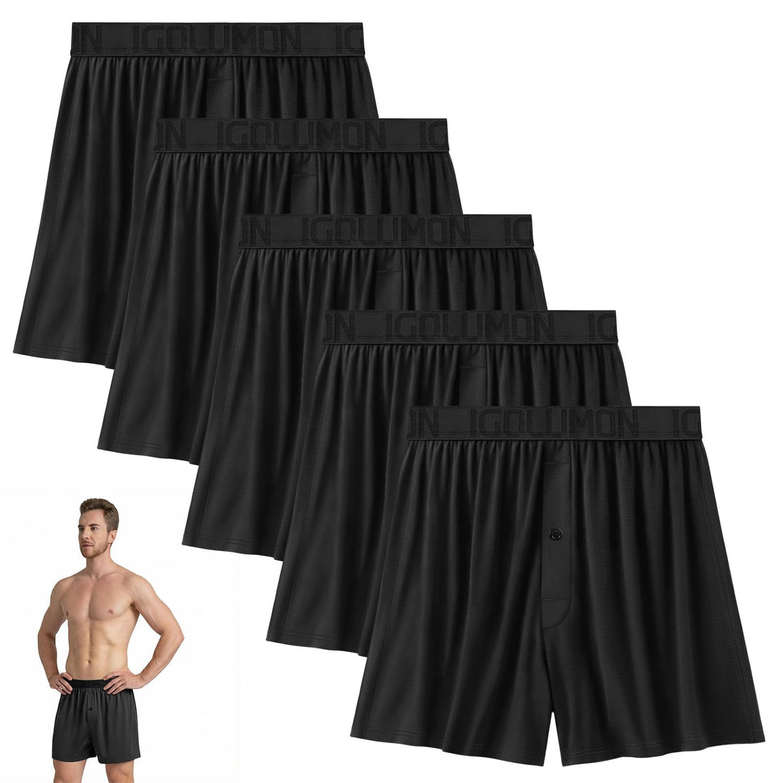 IGOLUMON Mens Boxer Shorts Underwear Soft Breathable Bamboo Rayon Boxers for Men Relaxed Fit Boxers with Button Fly 5 Pack