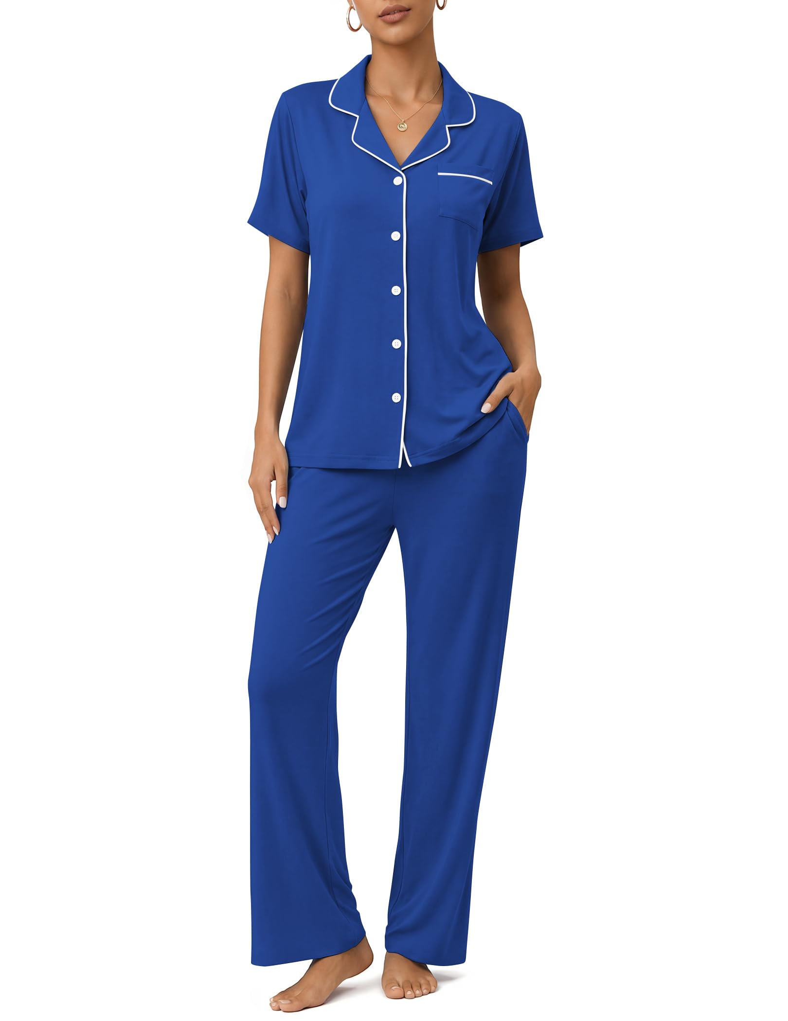 Womens Pajamas Sets 2 Piece Button Up Pj Sets Short Sleeve with Long Pant